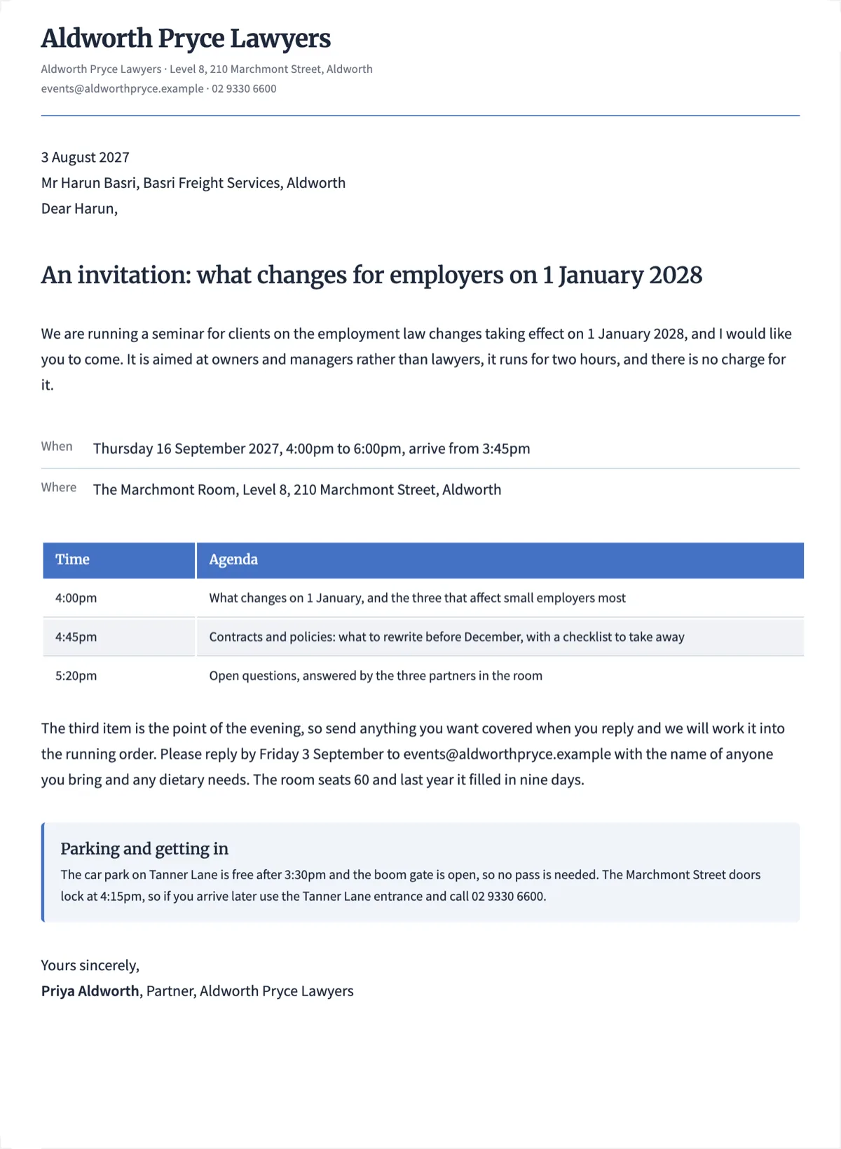 Business event invitation letter with an agenda and an RSVP date example