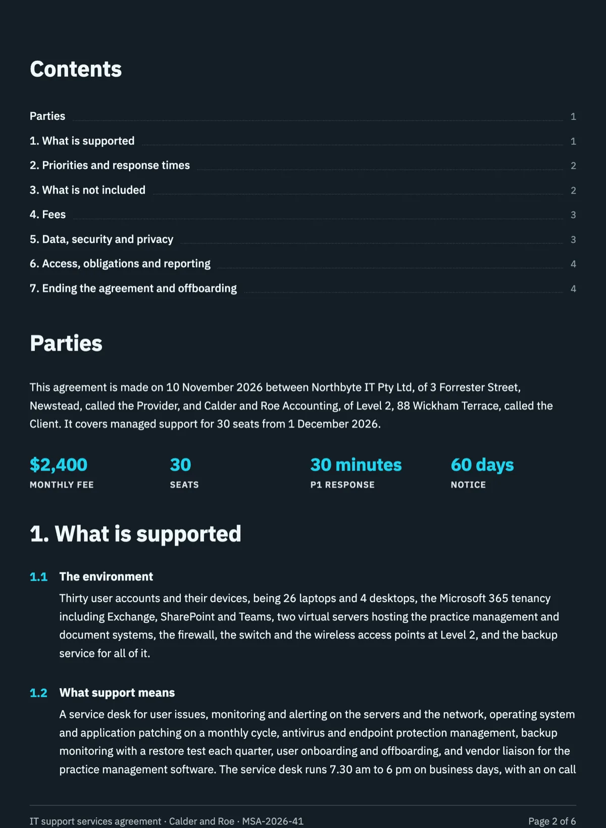 IT support services agreement with response times by priority example
