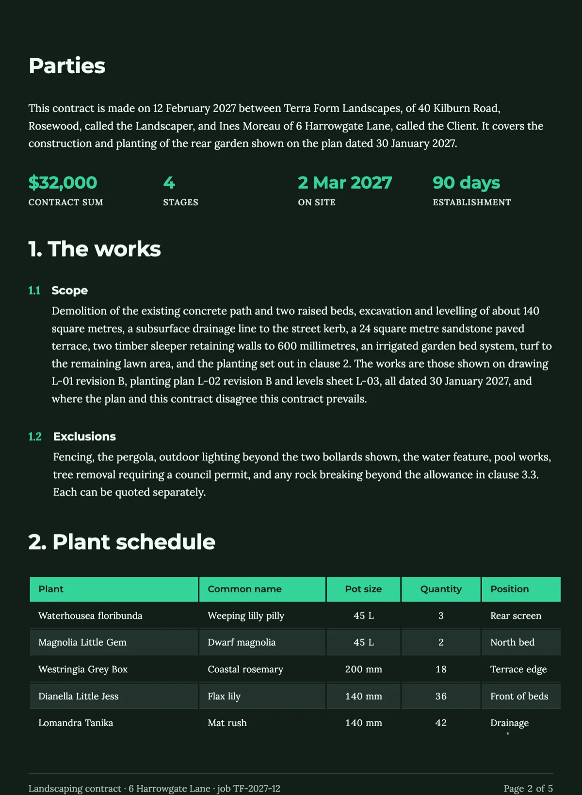 Landscaping contract template with a plant schedule and an establishment period example
