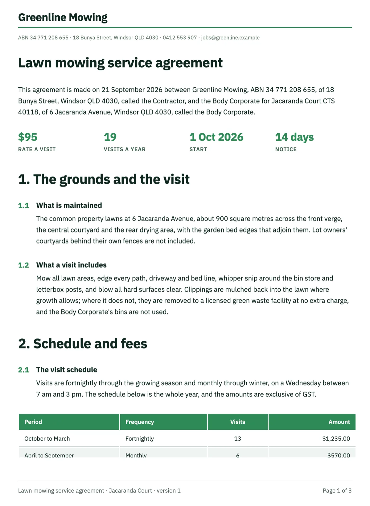 Lawn mowing service agreement for a fortnightly strata round example