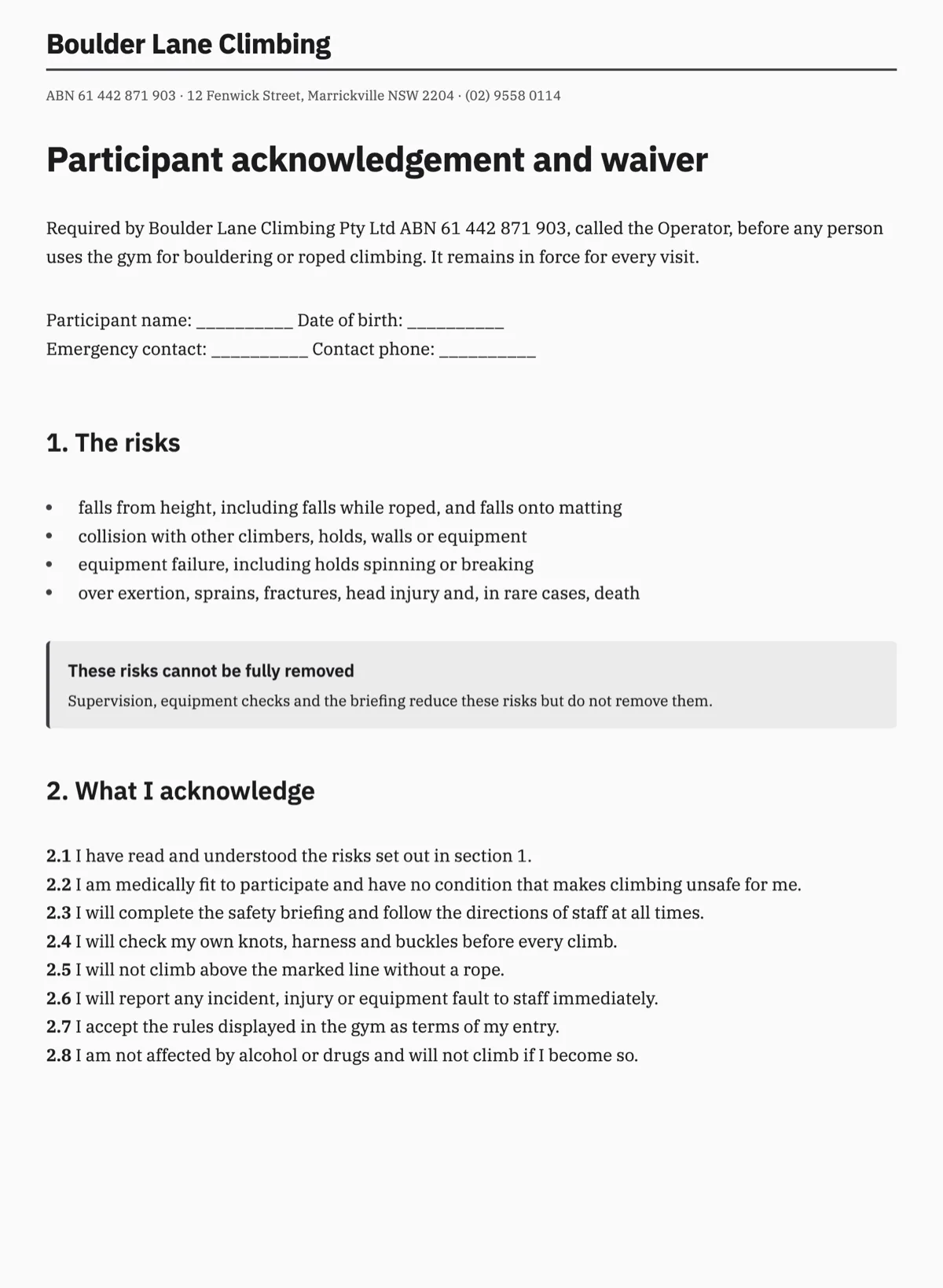 Liability waiver template written for Australian recreational services example