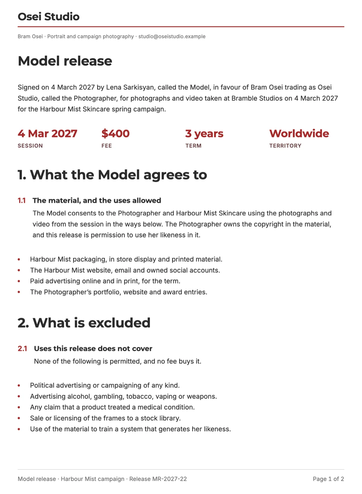 Model release template with uses allowed and uses excluded example