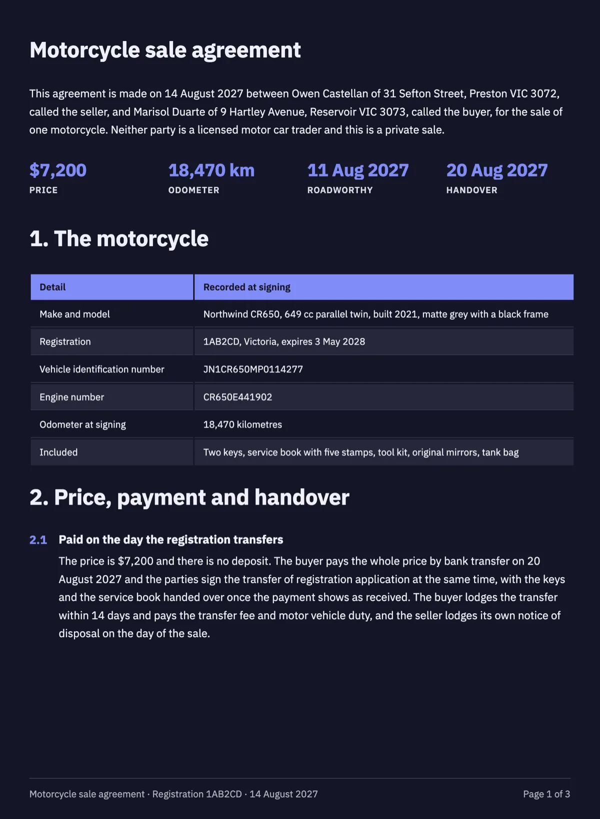 Motorcycle sale agreement with the VIN, odometer and roadworthy example