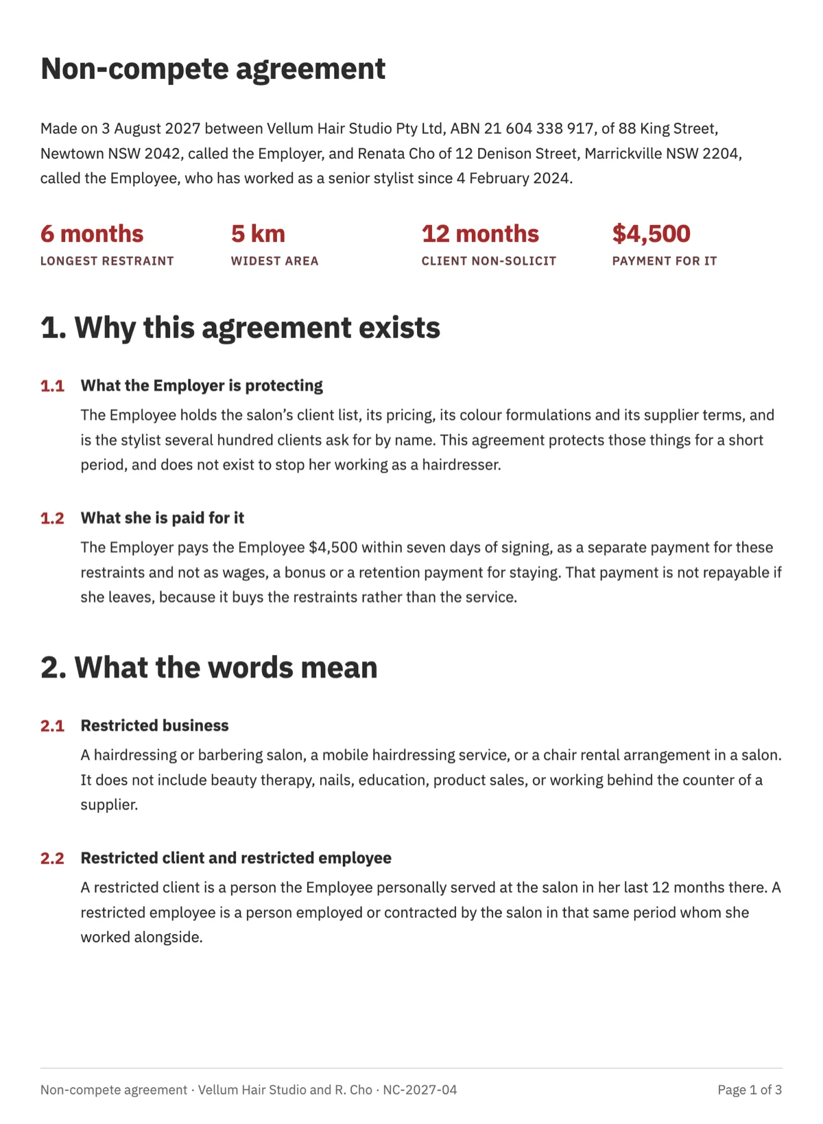 Non-compete agreement template with cascading restraint clauses example