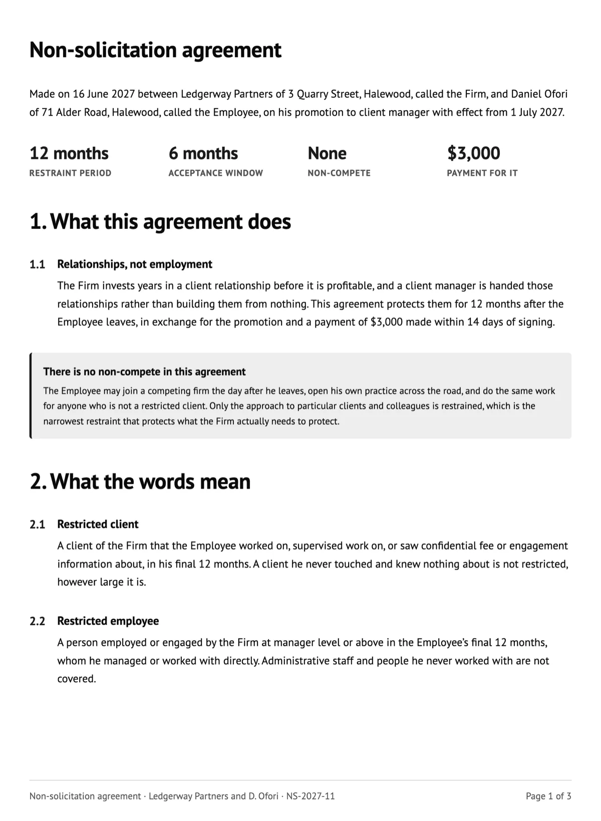 Non-solicitation agreement for clients, staff and duration example