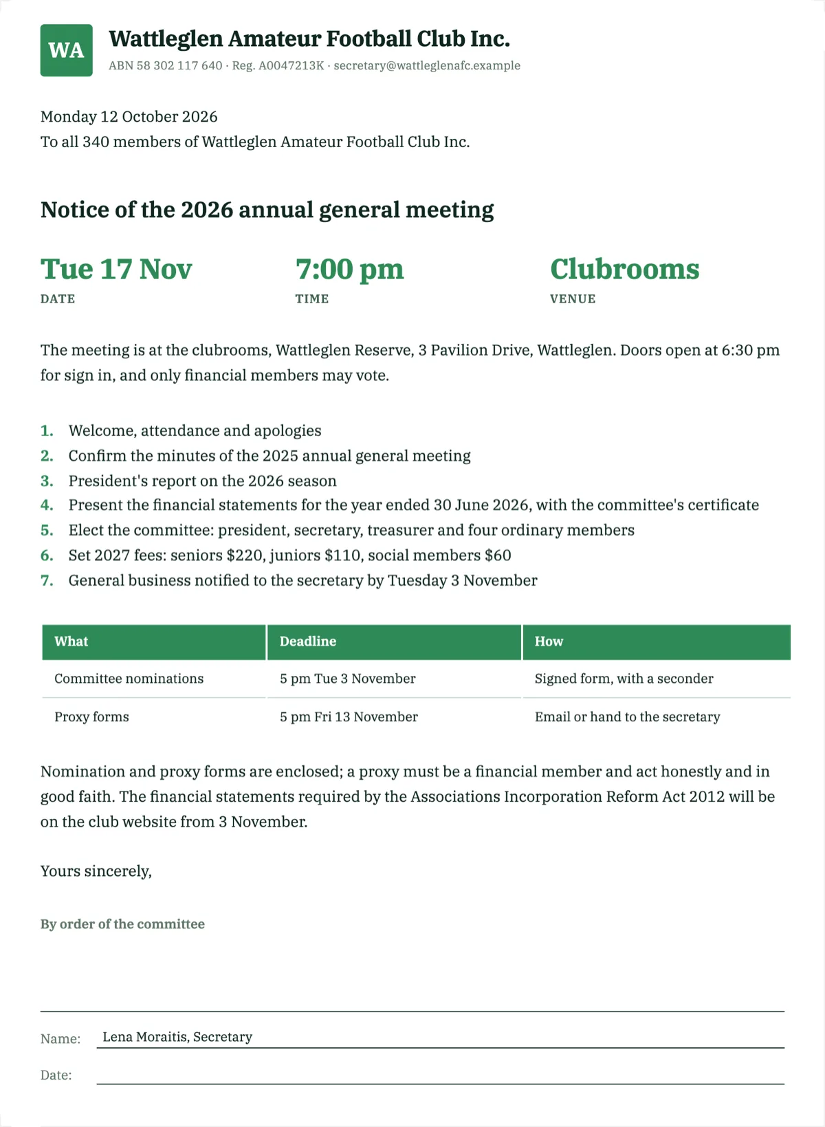 AGM notice template for an incorporated club, on one page example