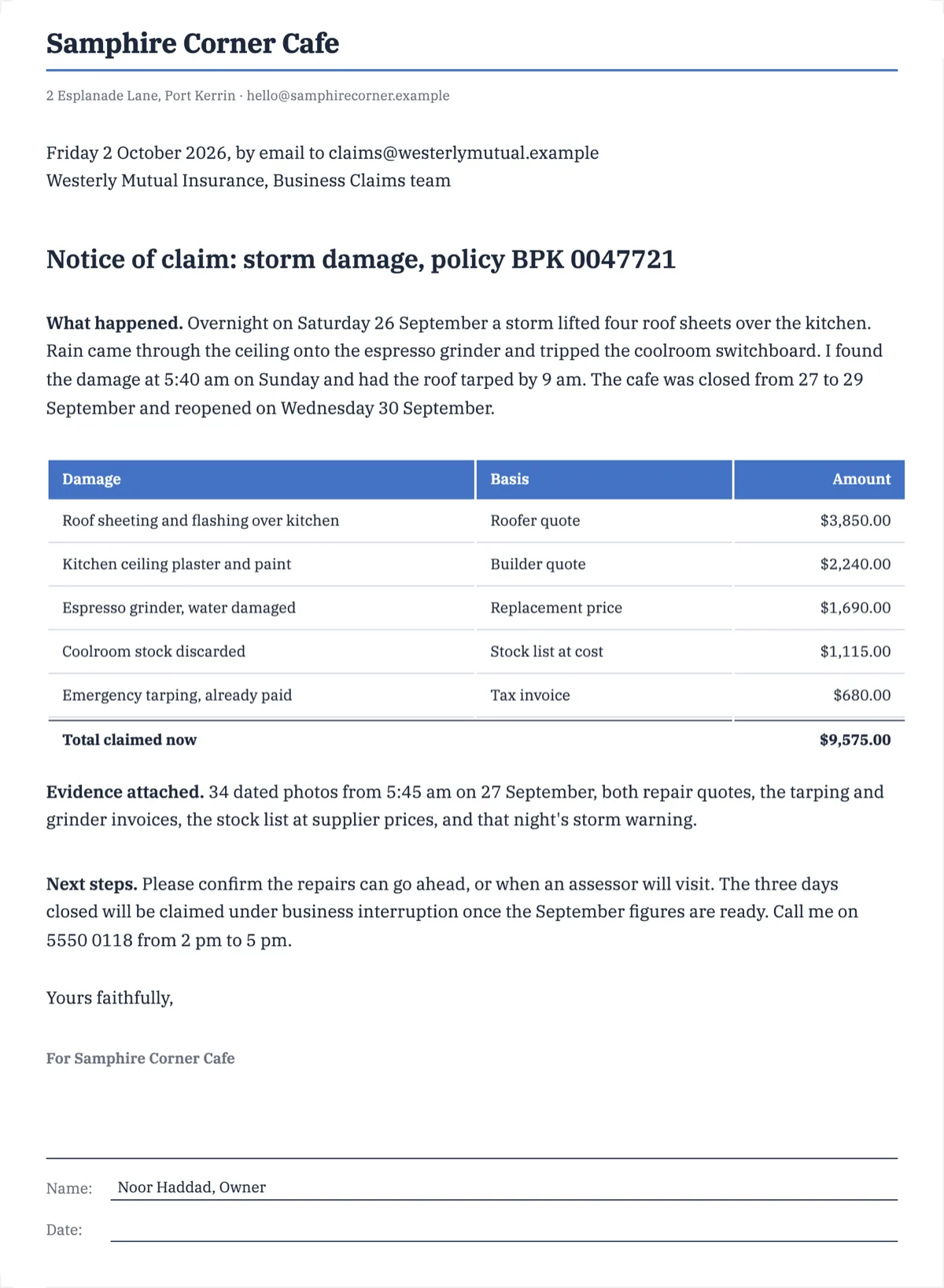 Notice of claim letter for storm damage, with every fact an insurer asks for example