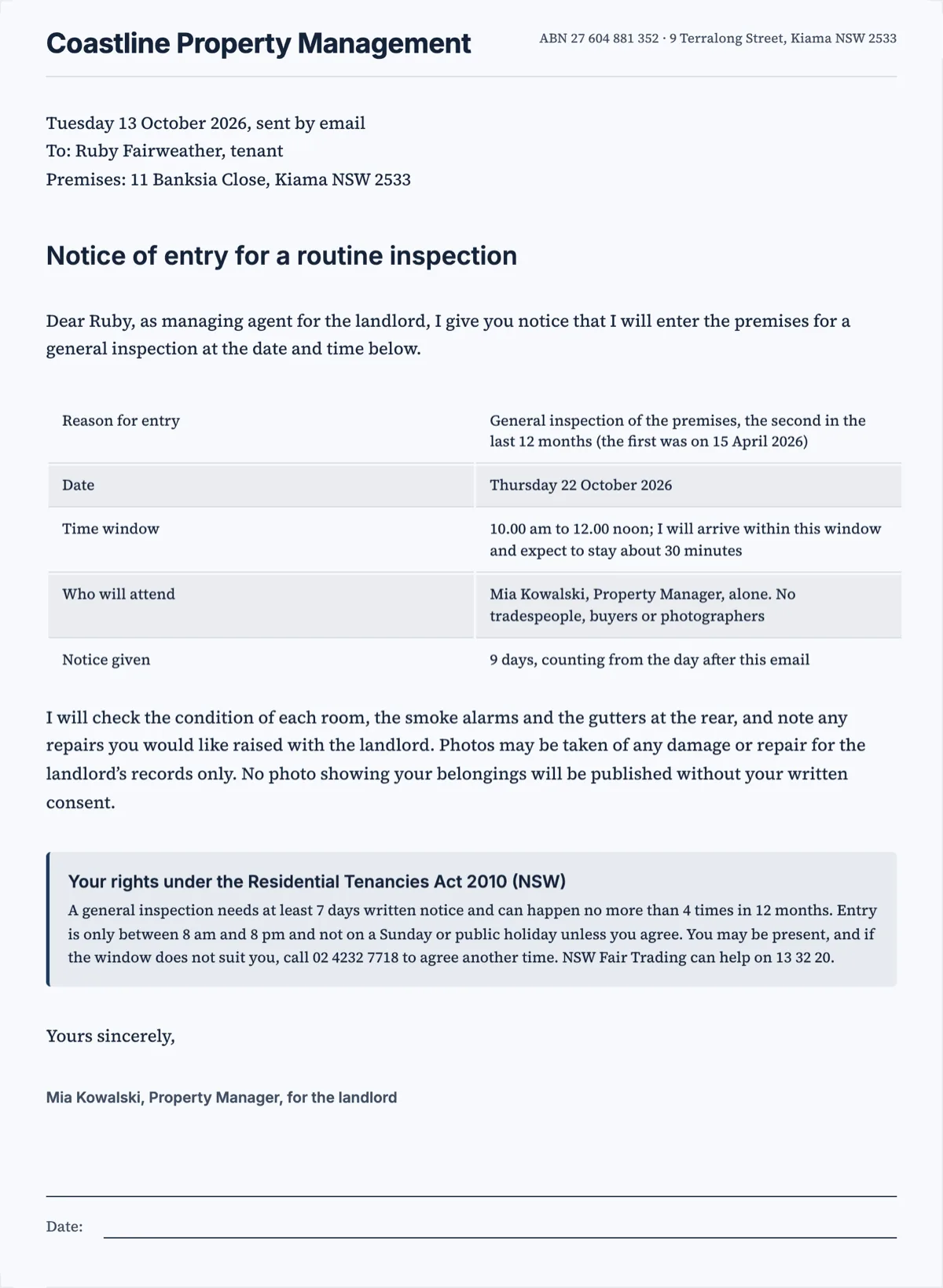 Notice of entry template for a routine inspection example