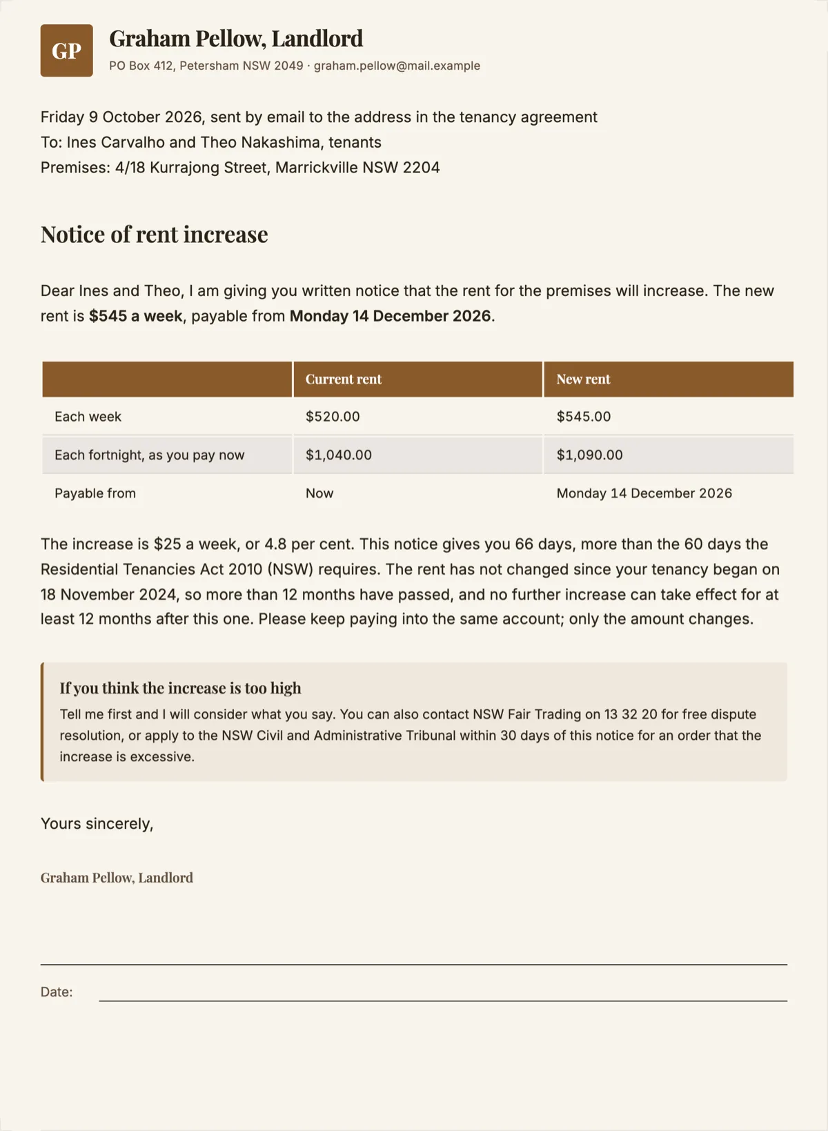 Rent increase notice template with the new amount and 60 days notice example