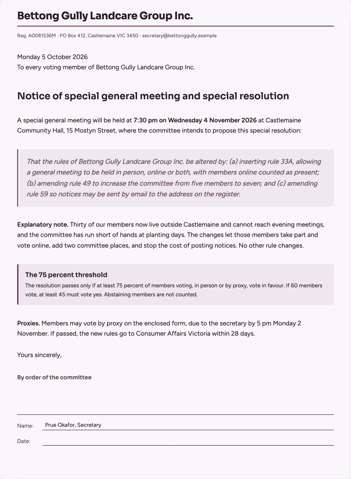 Special resolution notice template with the full wording and the 75 percent rule example