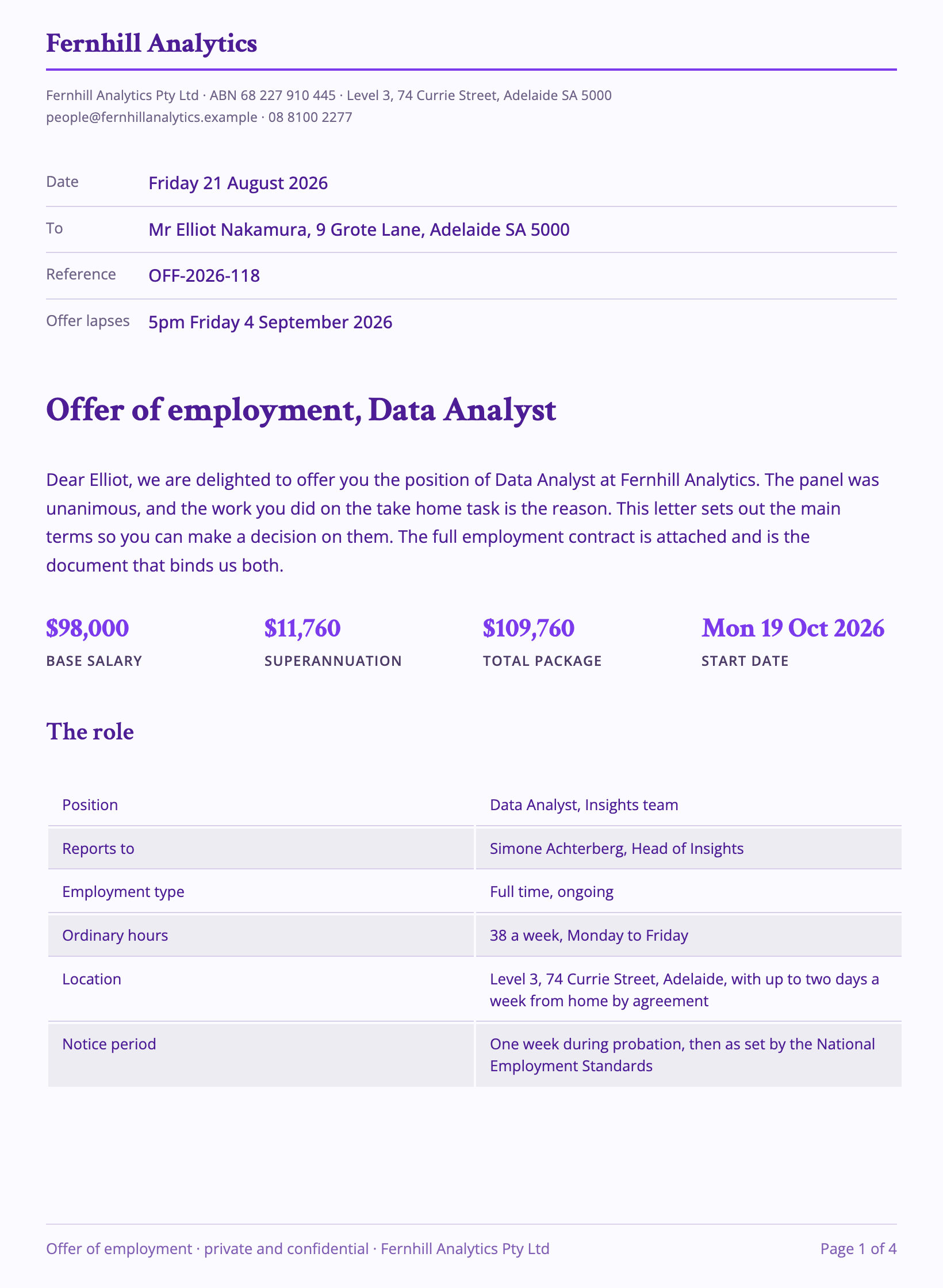 Job offer letter example
