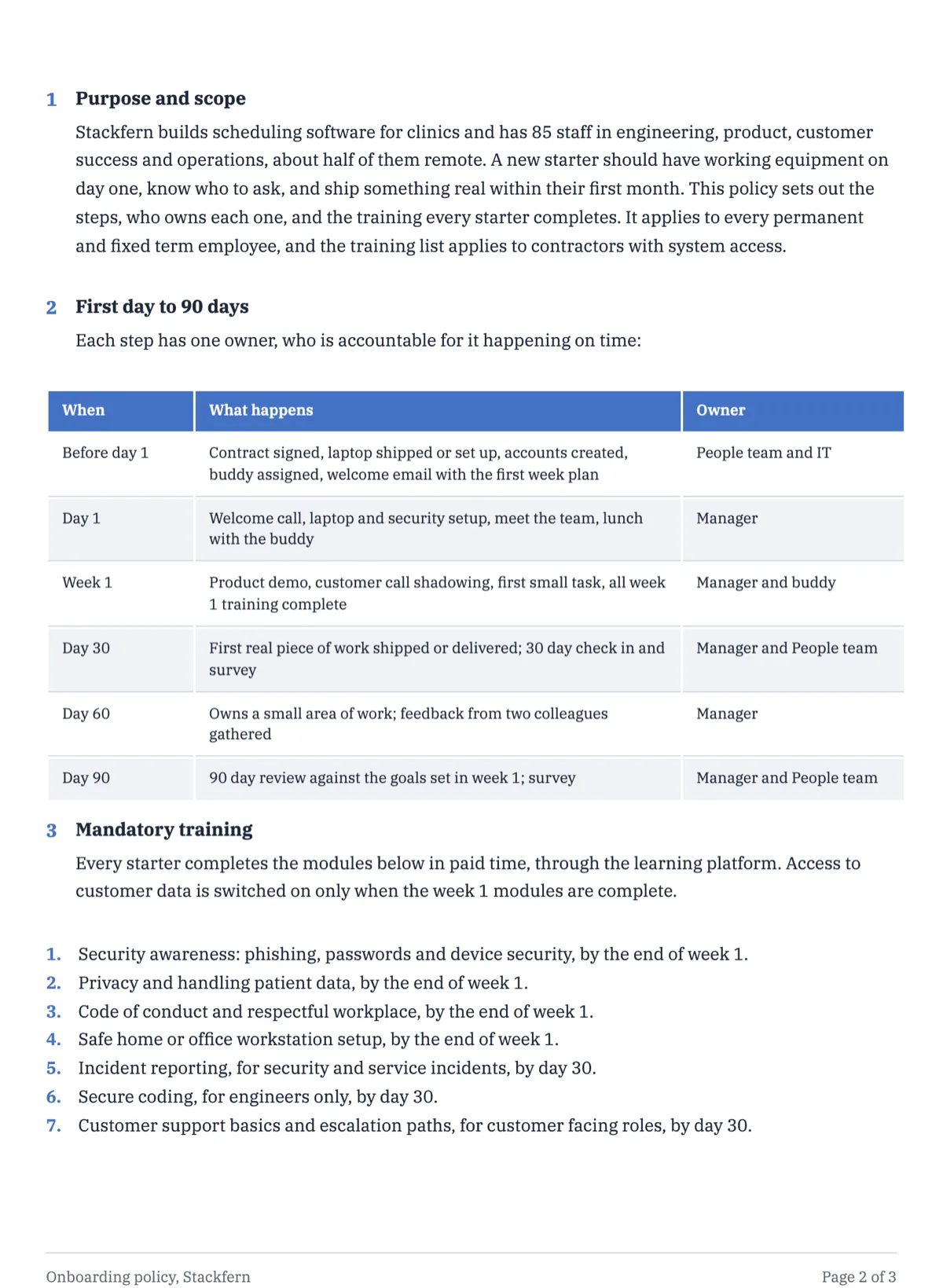Onboarding policy template with a 90 day schedule and an owner for each step example