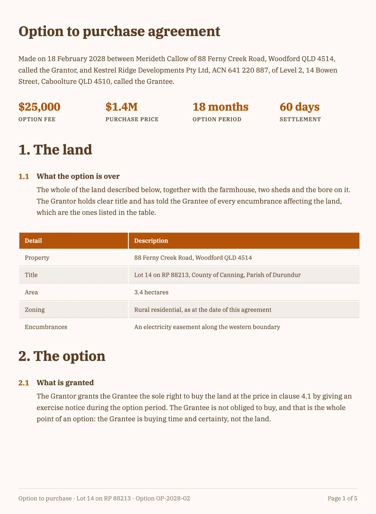 Option to purchase agreement with a fee, a window and a caveat example