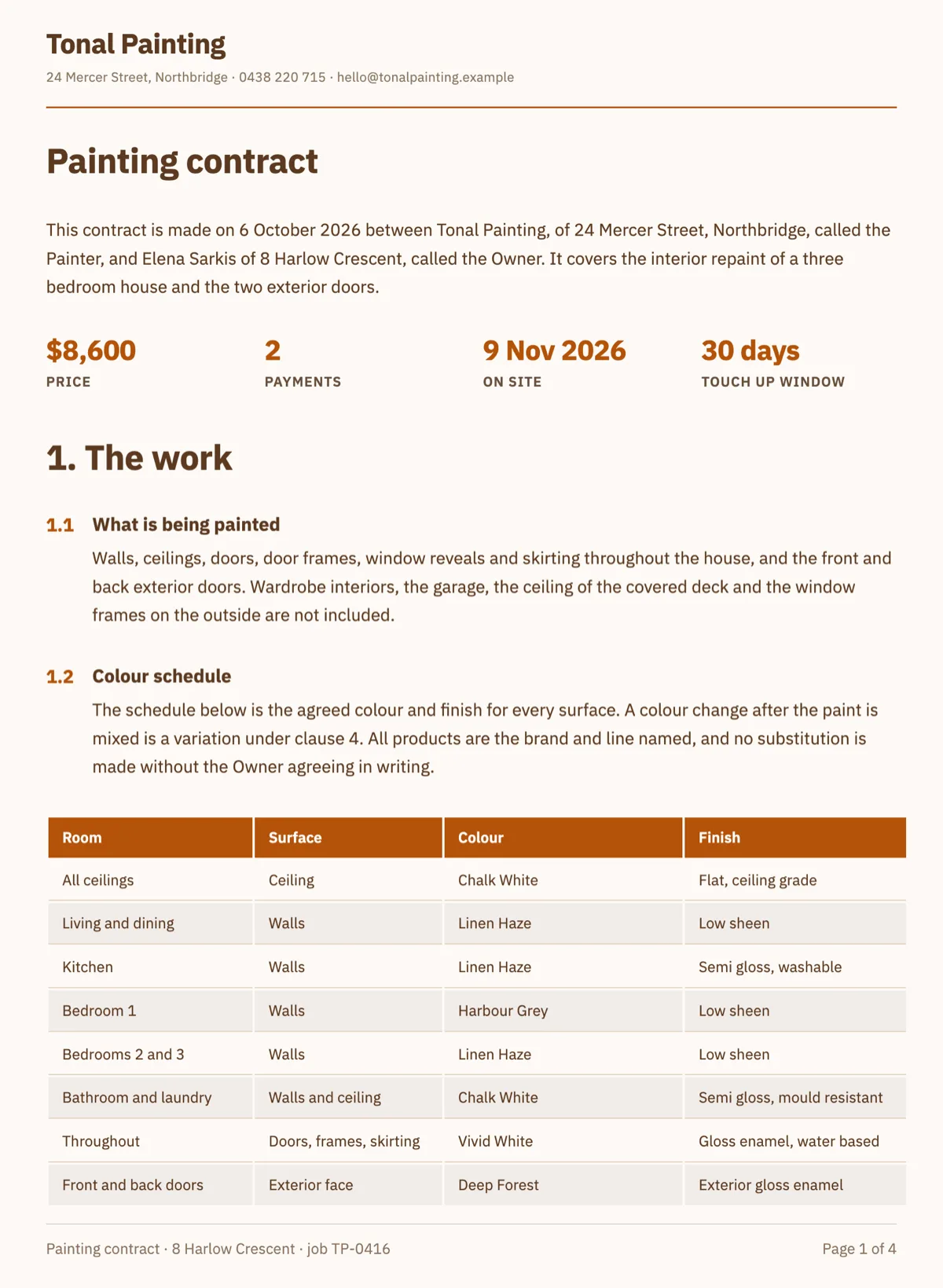 Painting contract template with a colour schedule and a coats standard example