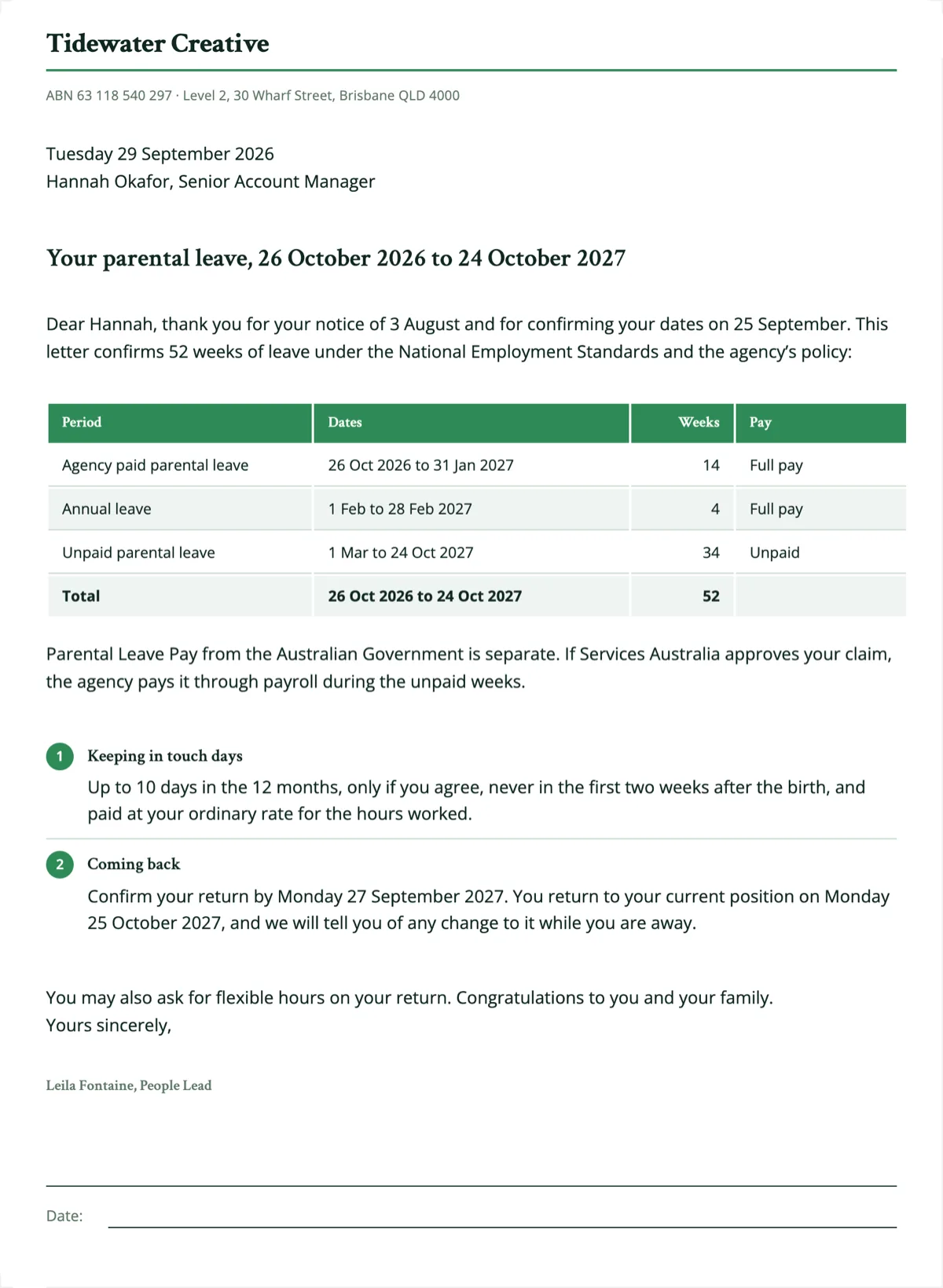 Parental leave confirmation letter with the dates and pay split example