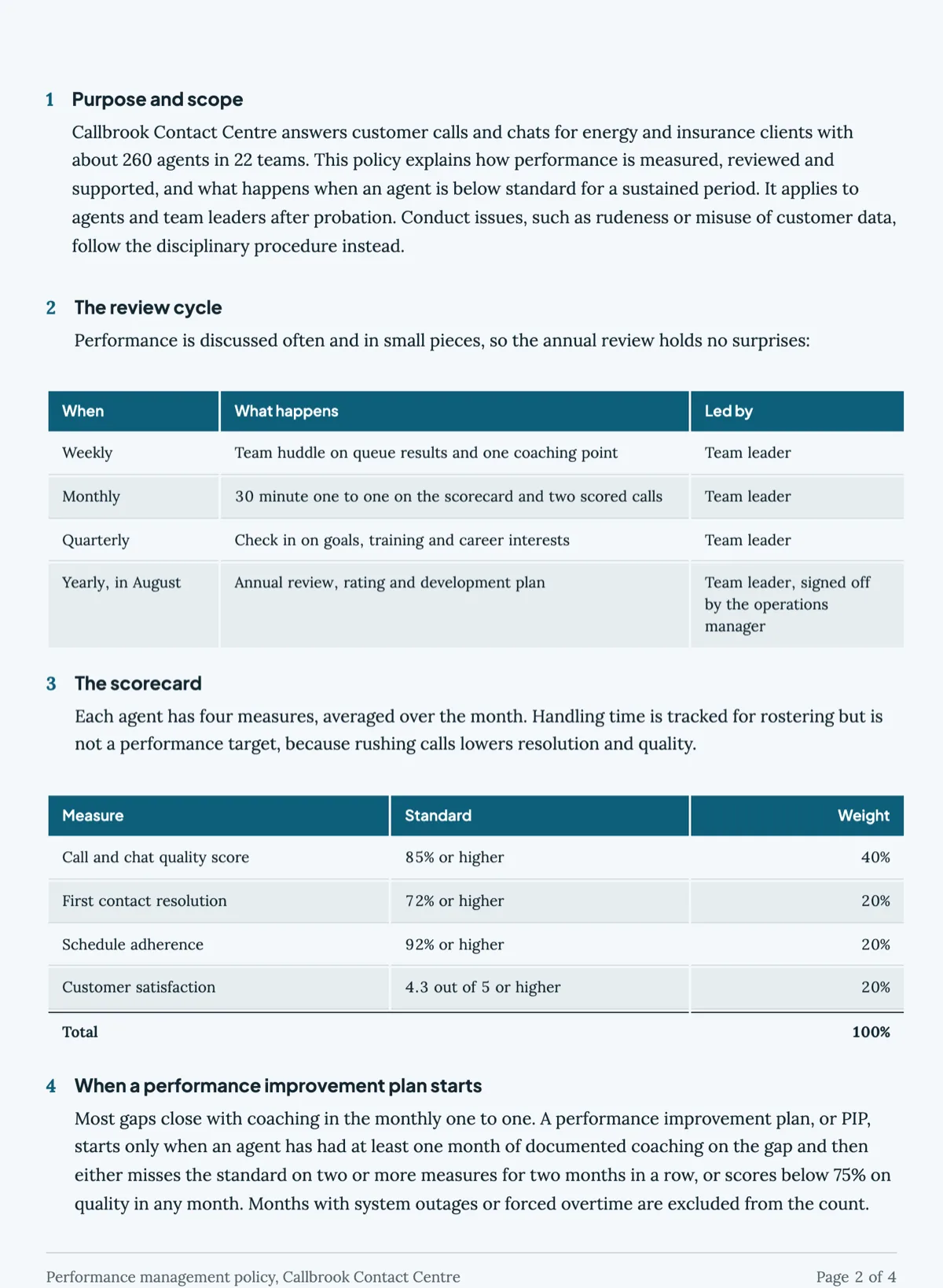 Performance management policy template with PIP steps and timeframes example