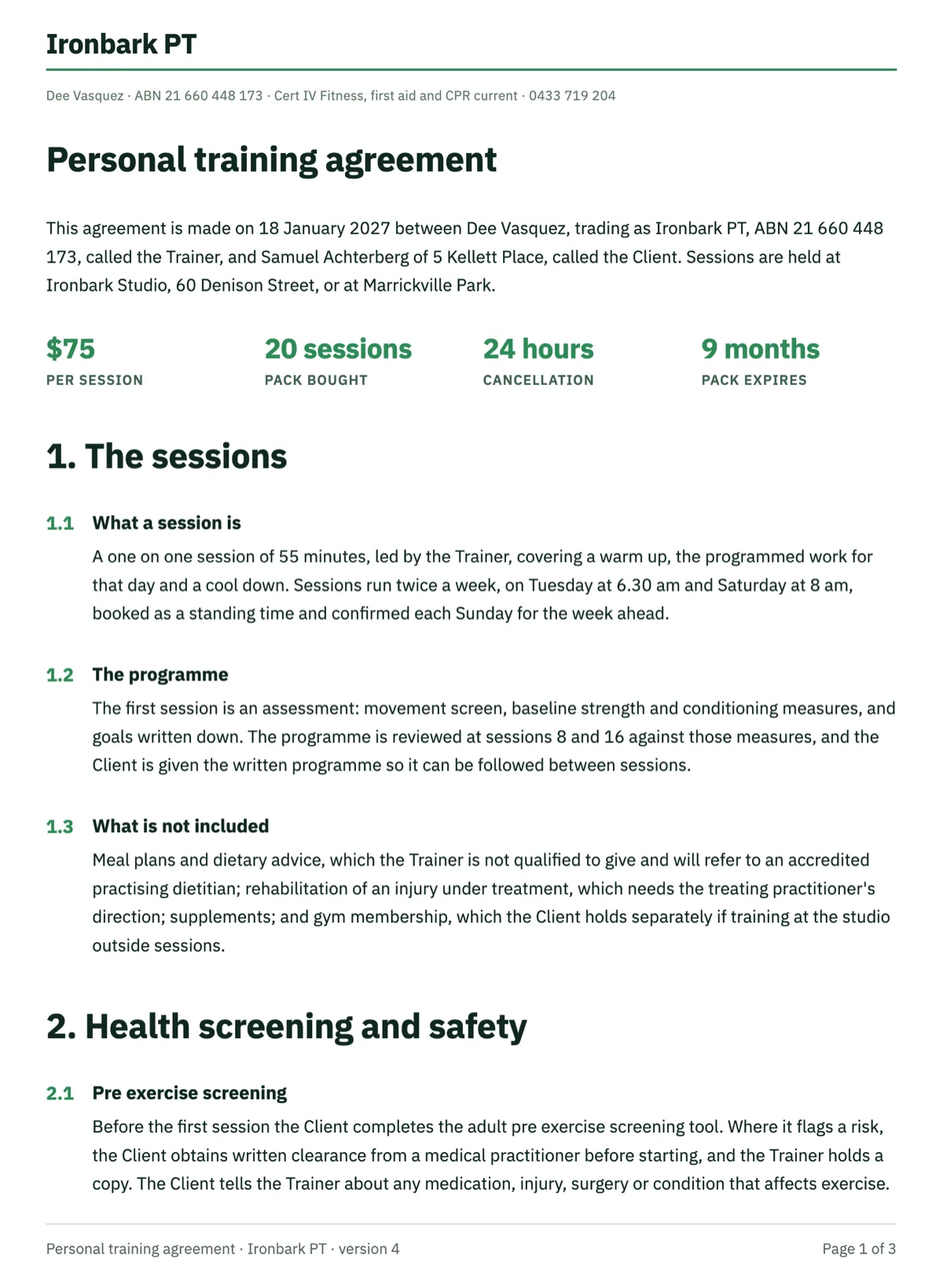 Personal training agreement with session packs and a health screen example
