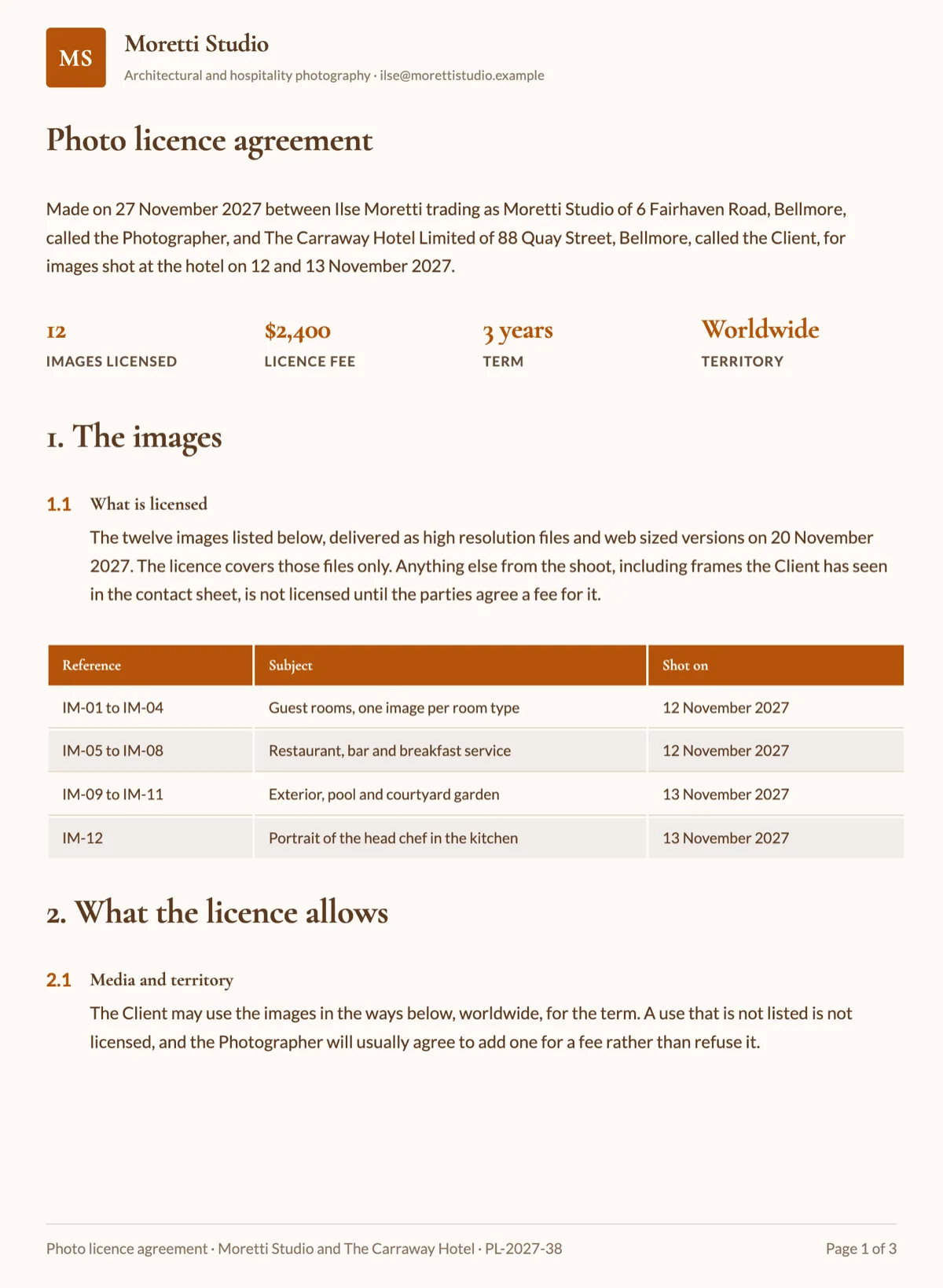 Photo licence agreement covering media, territory and duration example