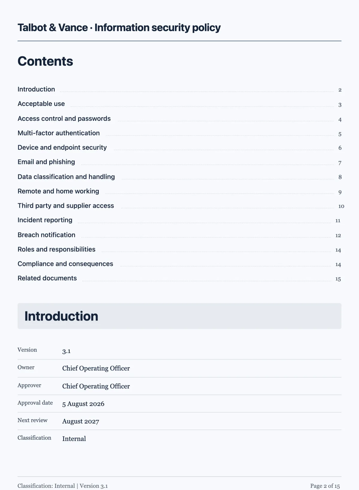 Company policy template, built out as an information security policy example