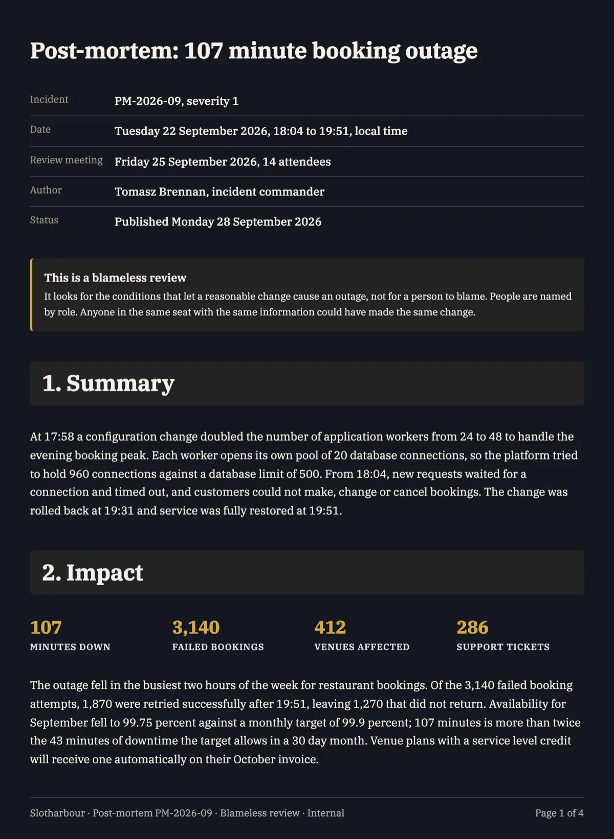 Post mortem report template with a timeline, five whys and owned actions example