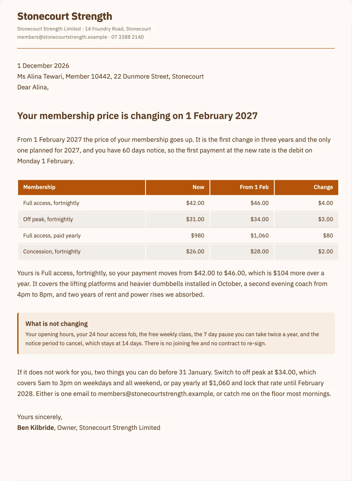 Price increase letter template with the old and new price side by side example