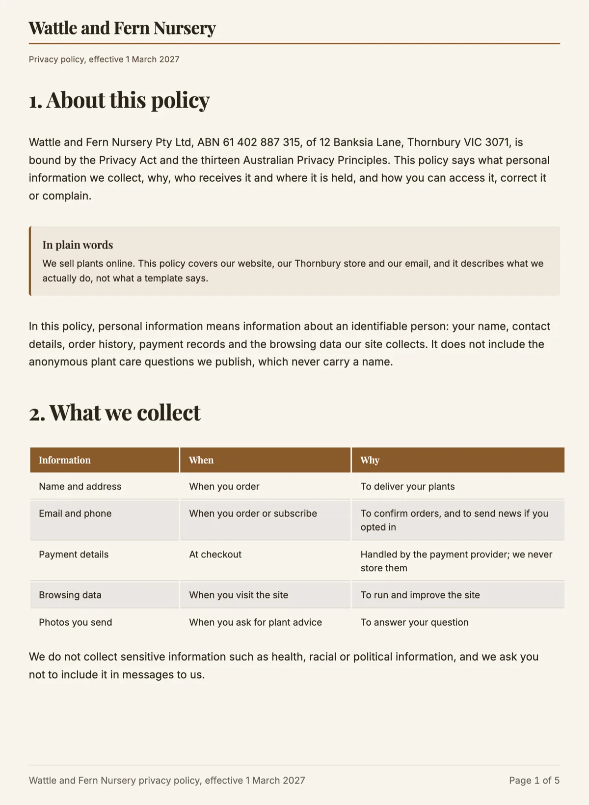 Privacy policy template written to the Australian Privacy Principles example