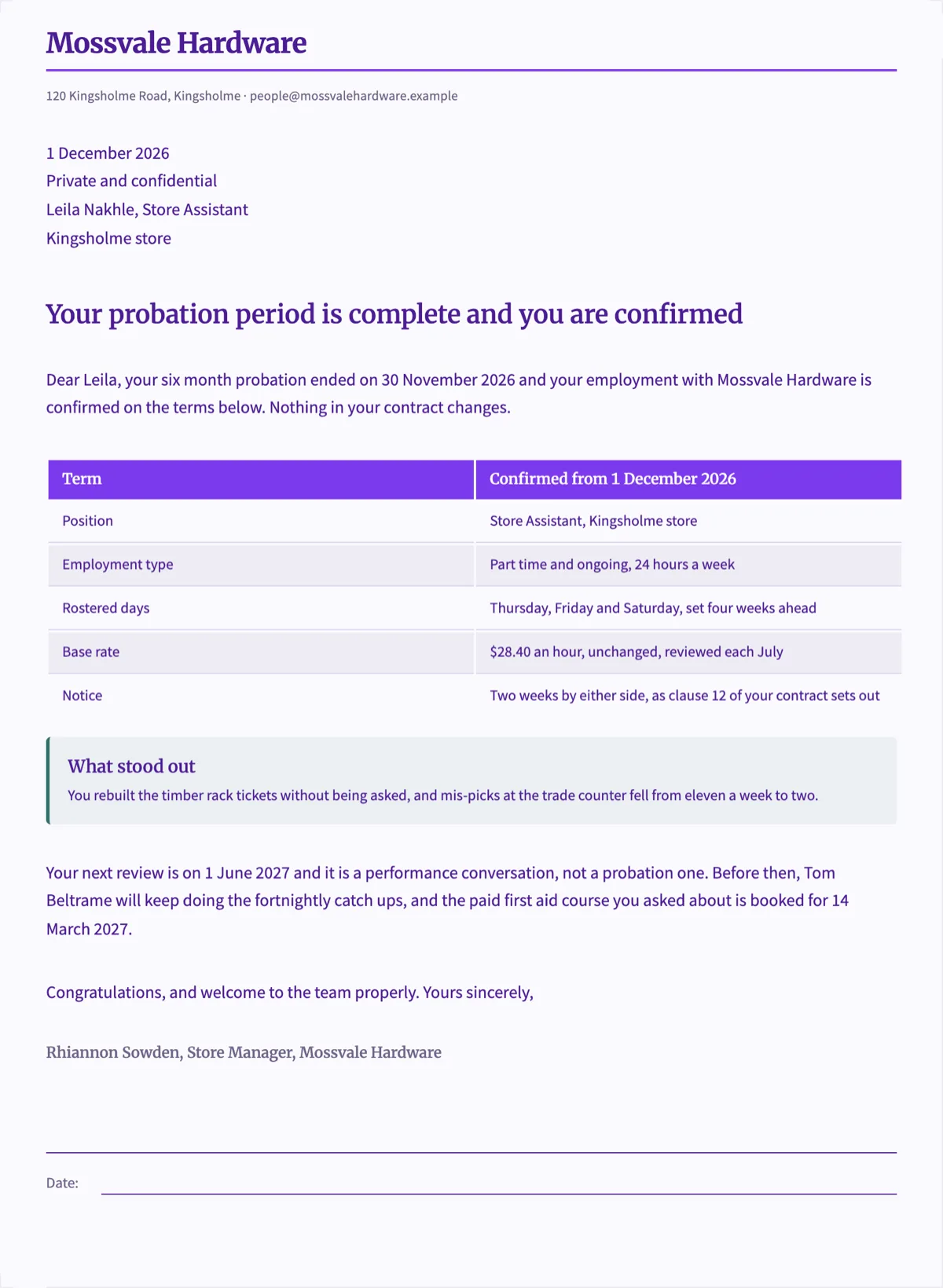 Probation confirmation letter with the confirmed terms in a table example