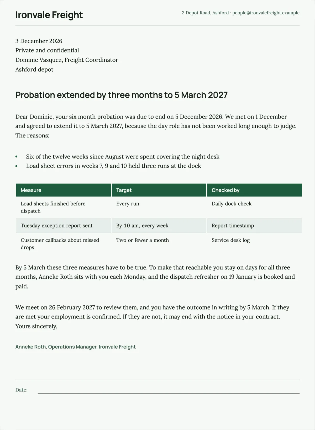 Probation extension letter with the measures that decide the outcome example