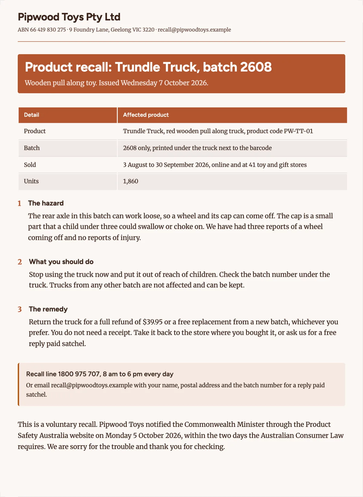 Product recall notice template for one batch of a toy example