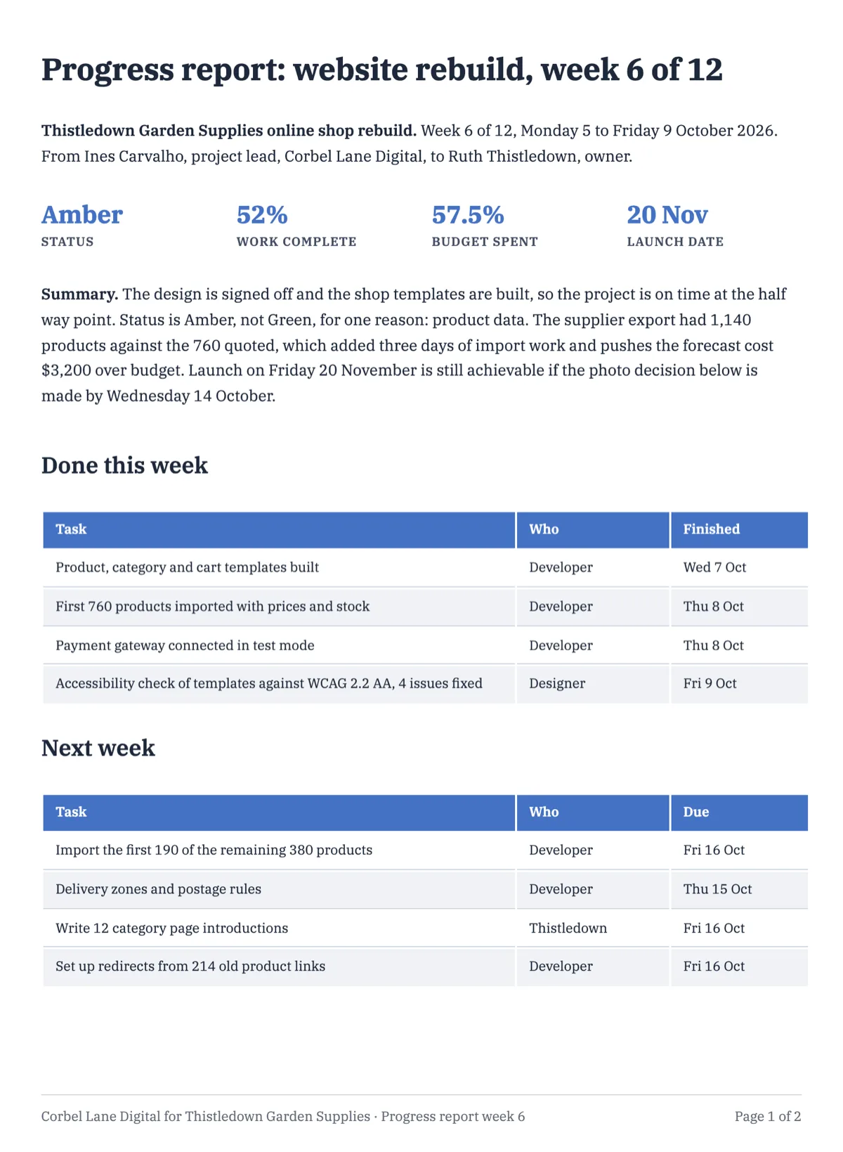 Progress report template with done, next, blocked and budget burn example