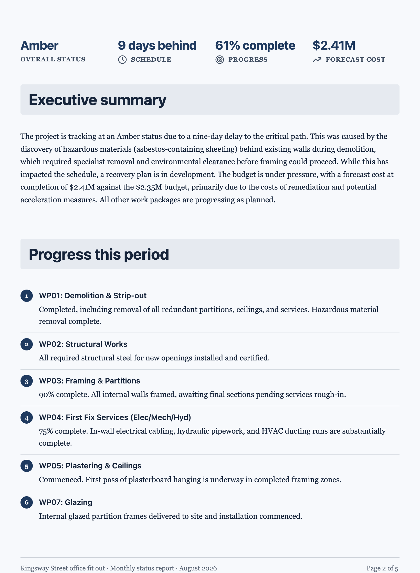 Project status report example