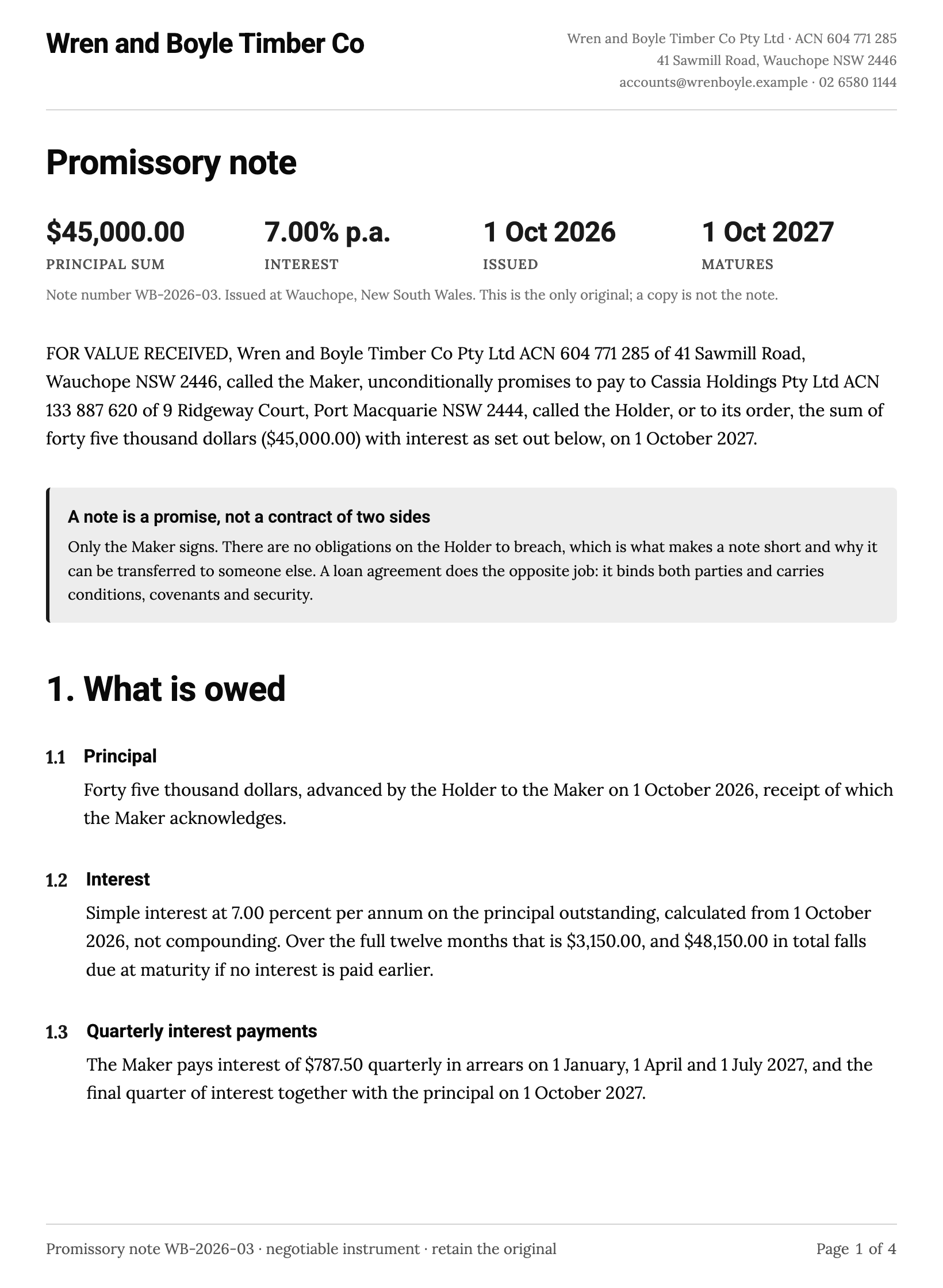 Promissory note template example