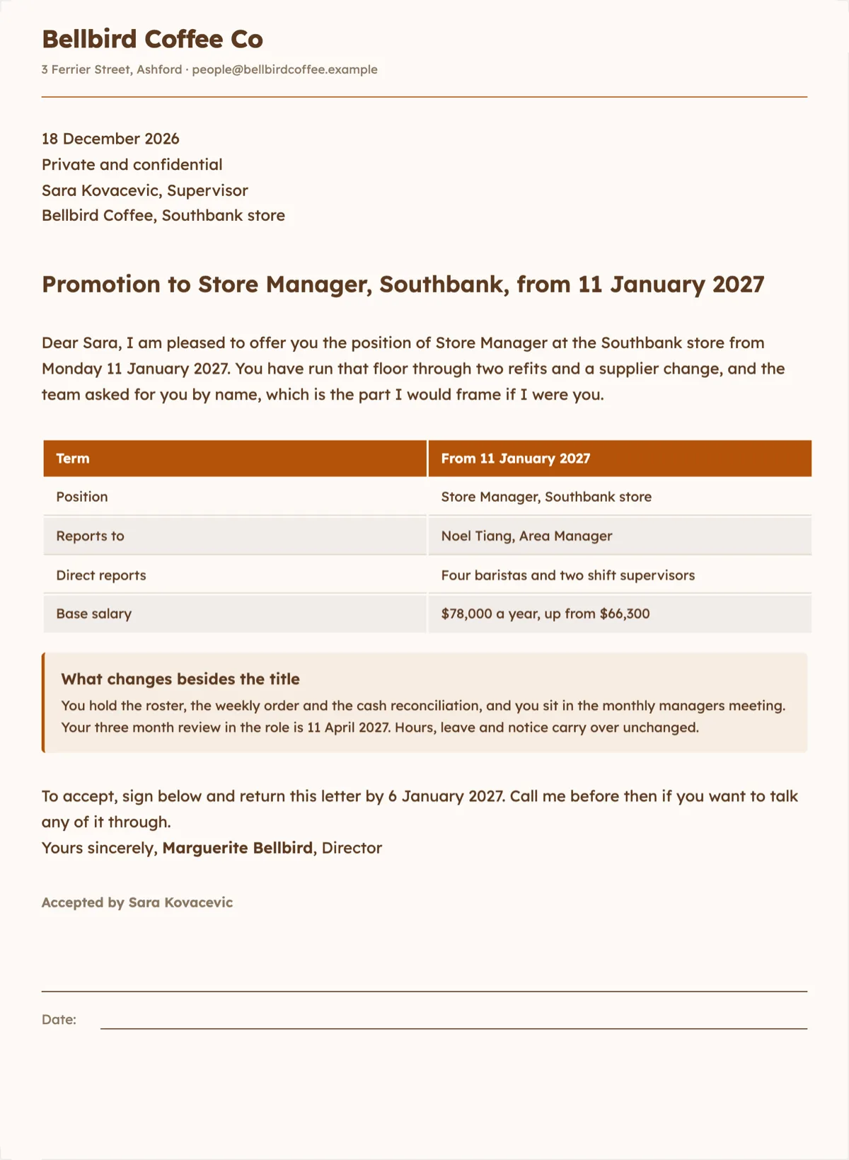 Promotion letter template with the new title, pay and start date in one table example