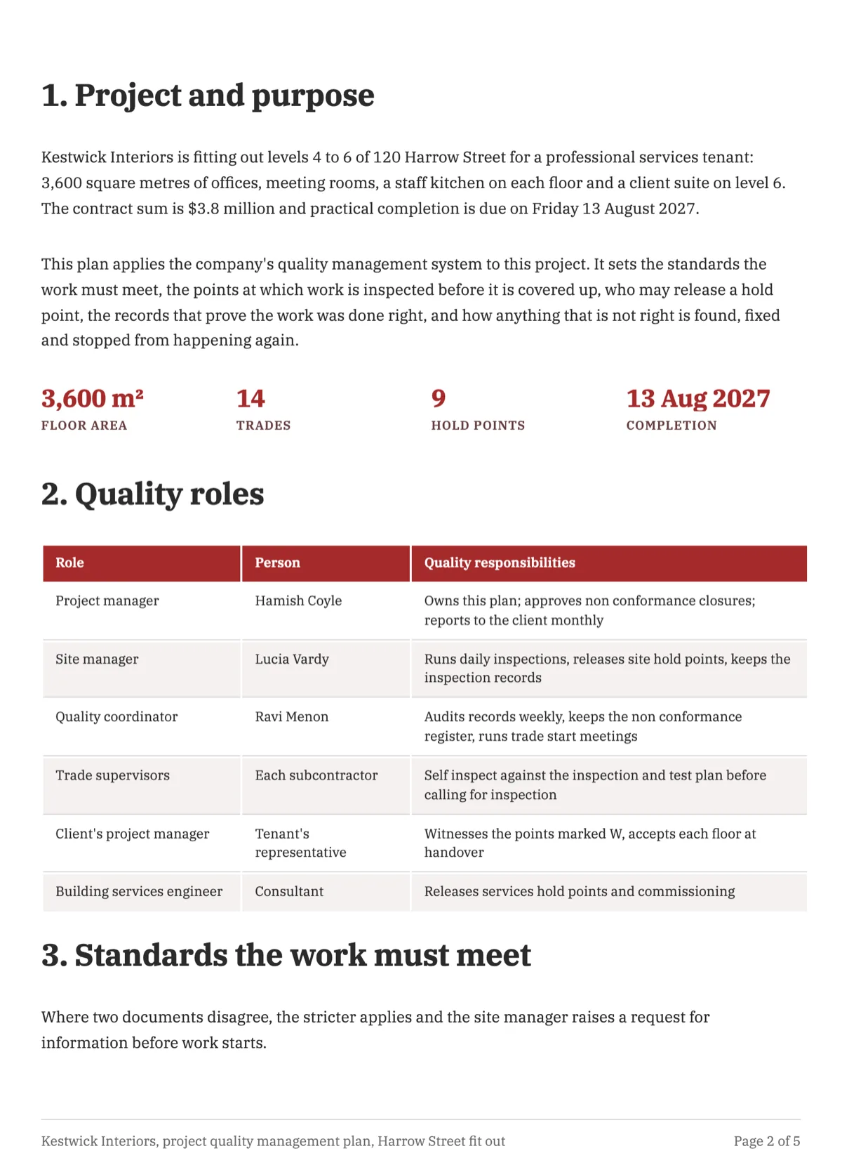 Quality management plan template with standards, checks and records example