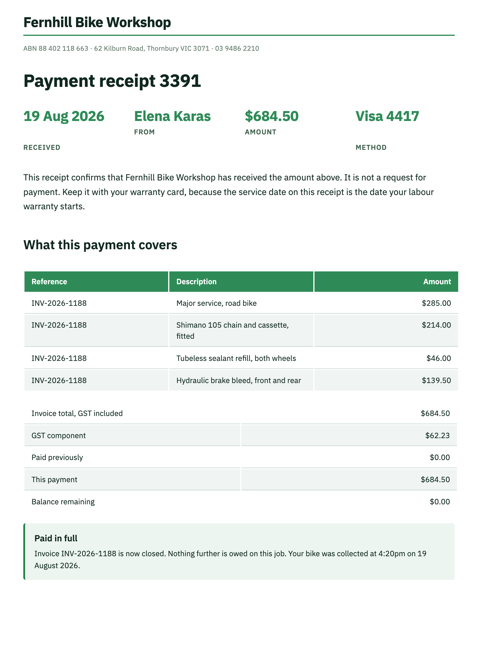 Payment receipt example
