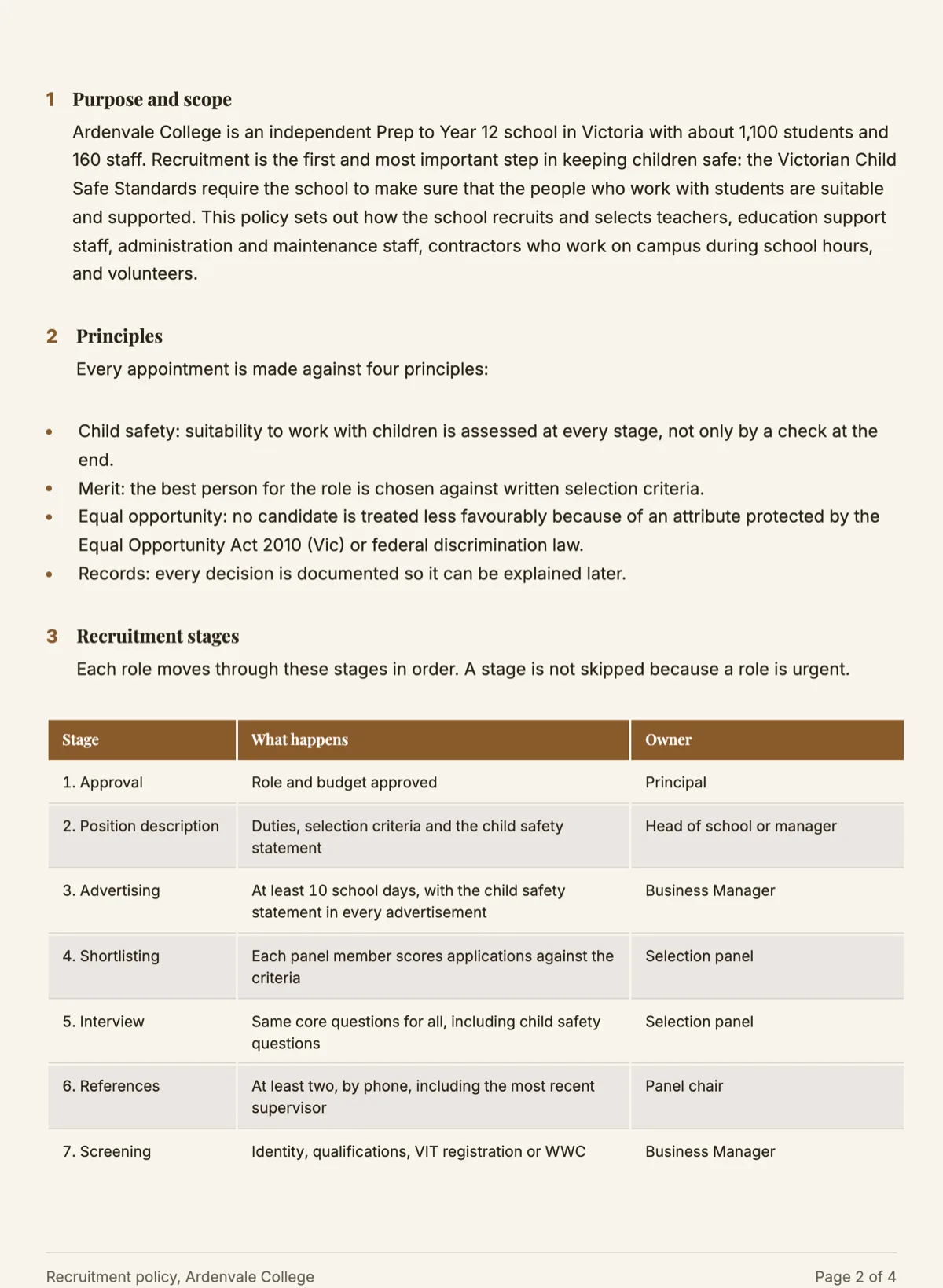 Recruitment policy template with stages, panel rules and child safety checks example