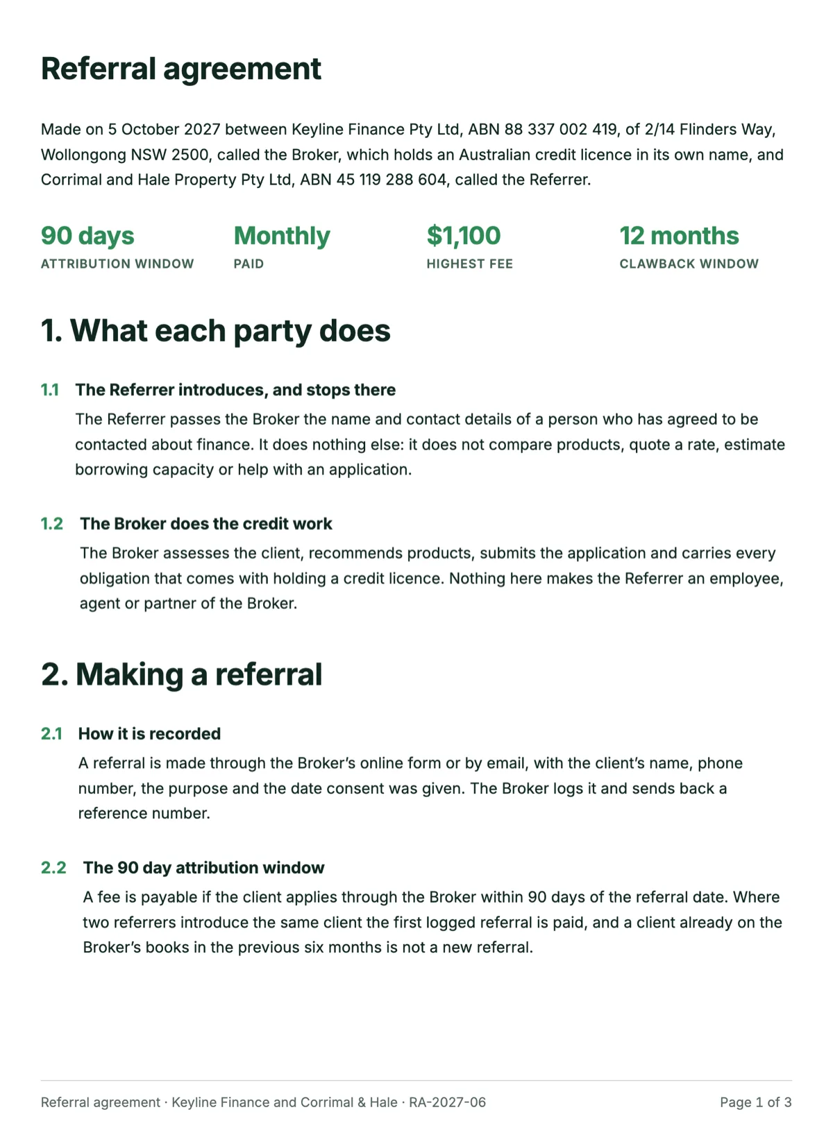 Referral agreement template with a fee table by product example