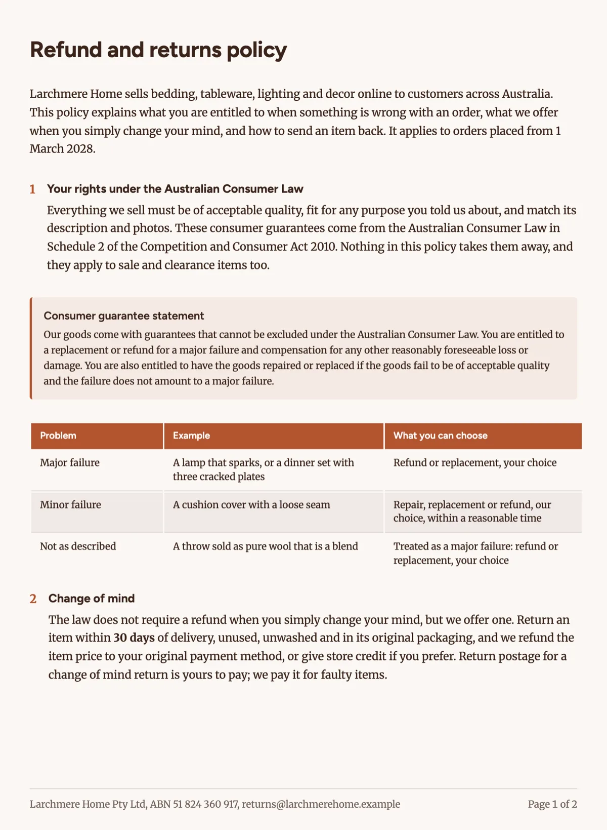 Refund policy template for an Australian online store example