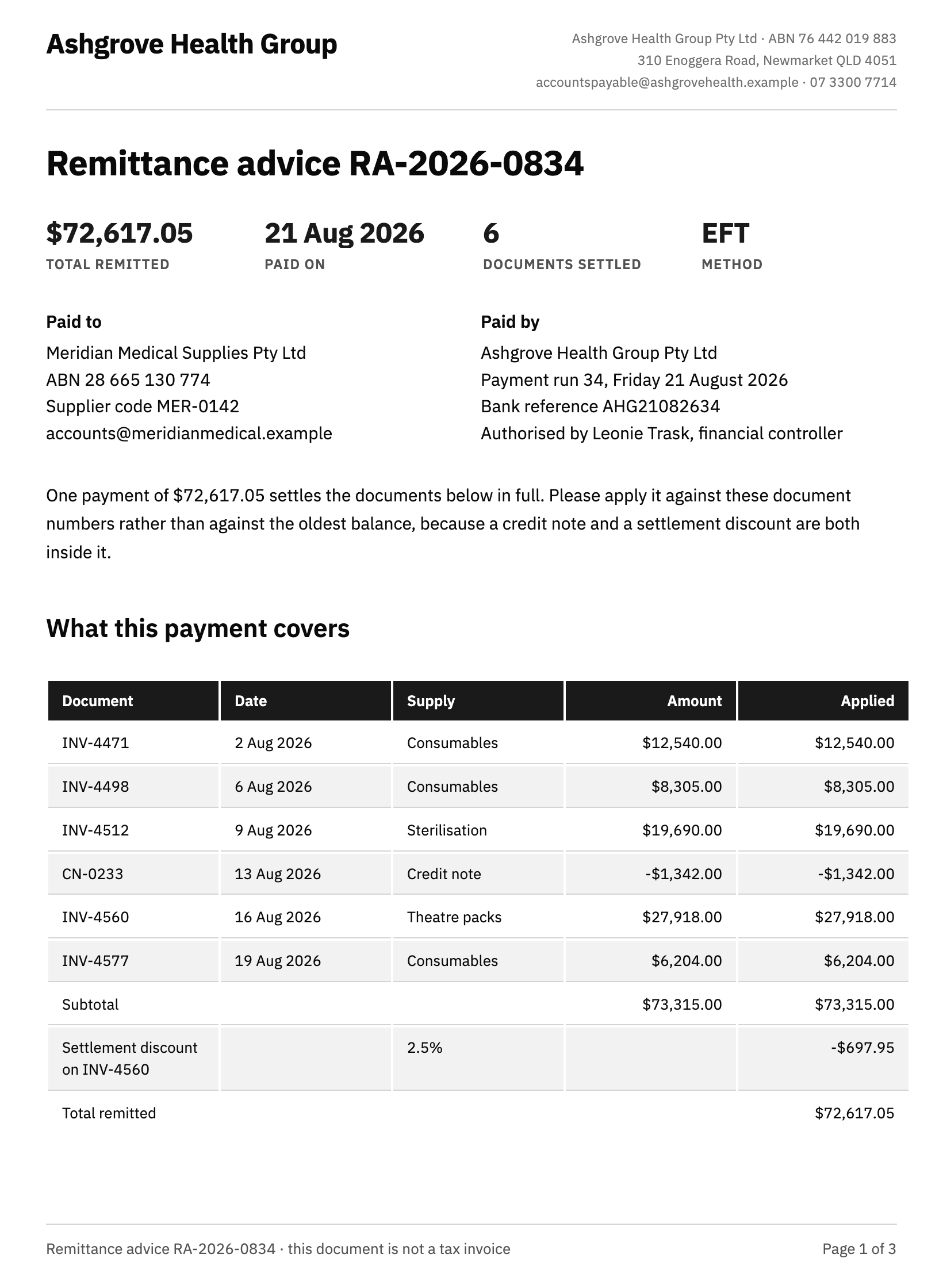 Remittance advice example