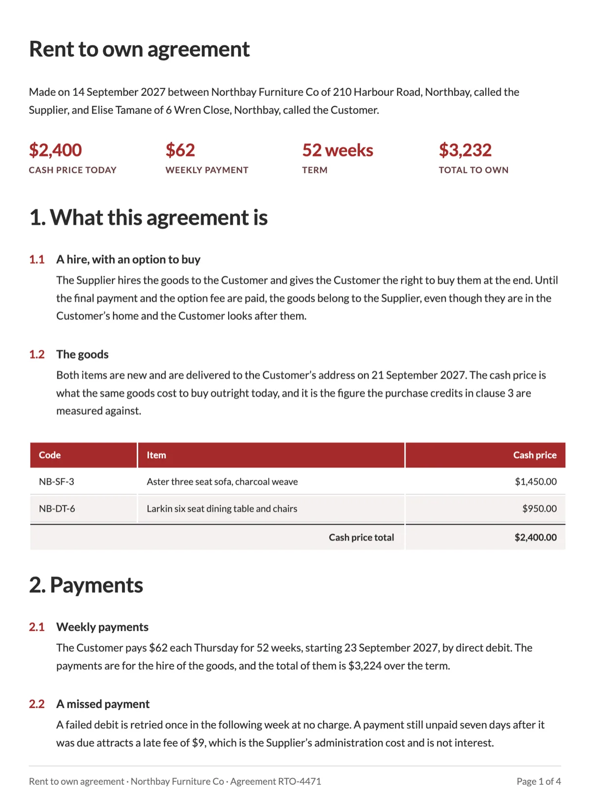 Rent to own agreement template with credits, price and default example