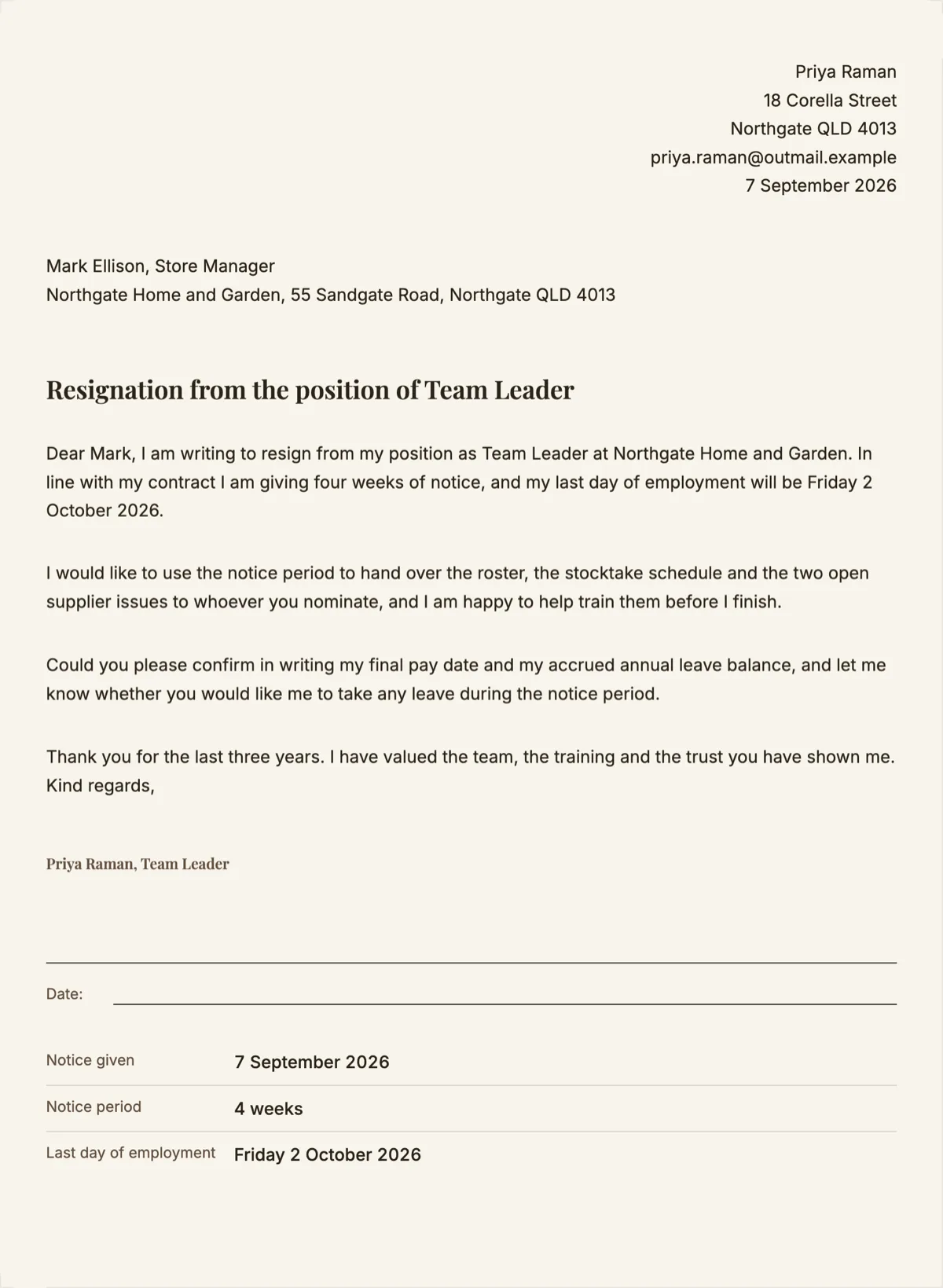 Resignation letter template that says the last day and stops example
