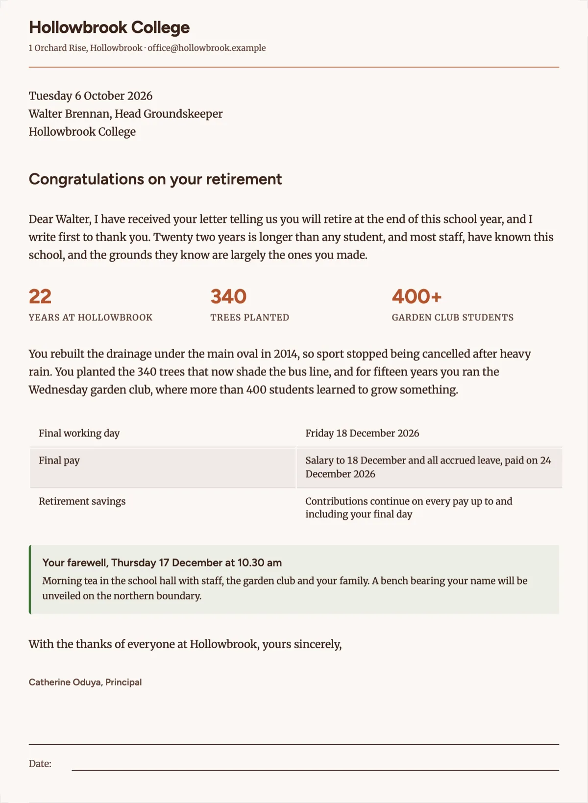 Retirement congratulations letter to a groundskeeper after 22 years example