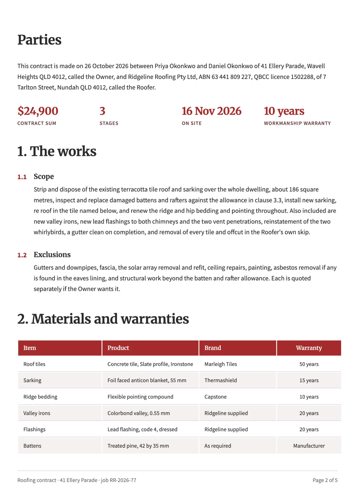 Roofing contract template with a materials table and a weather rule example