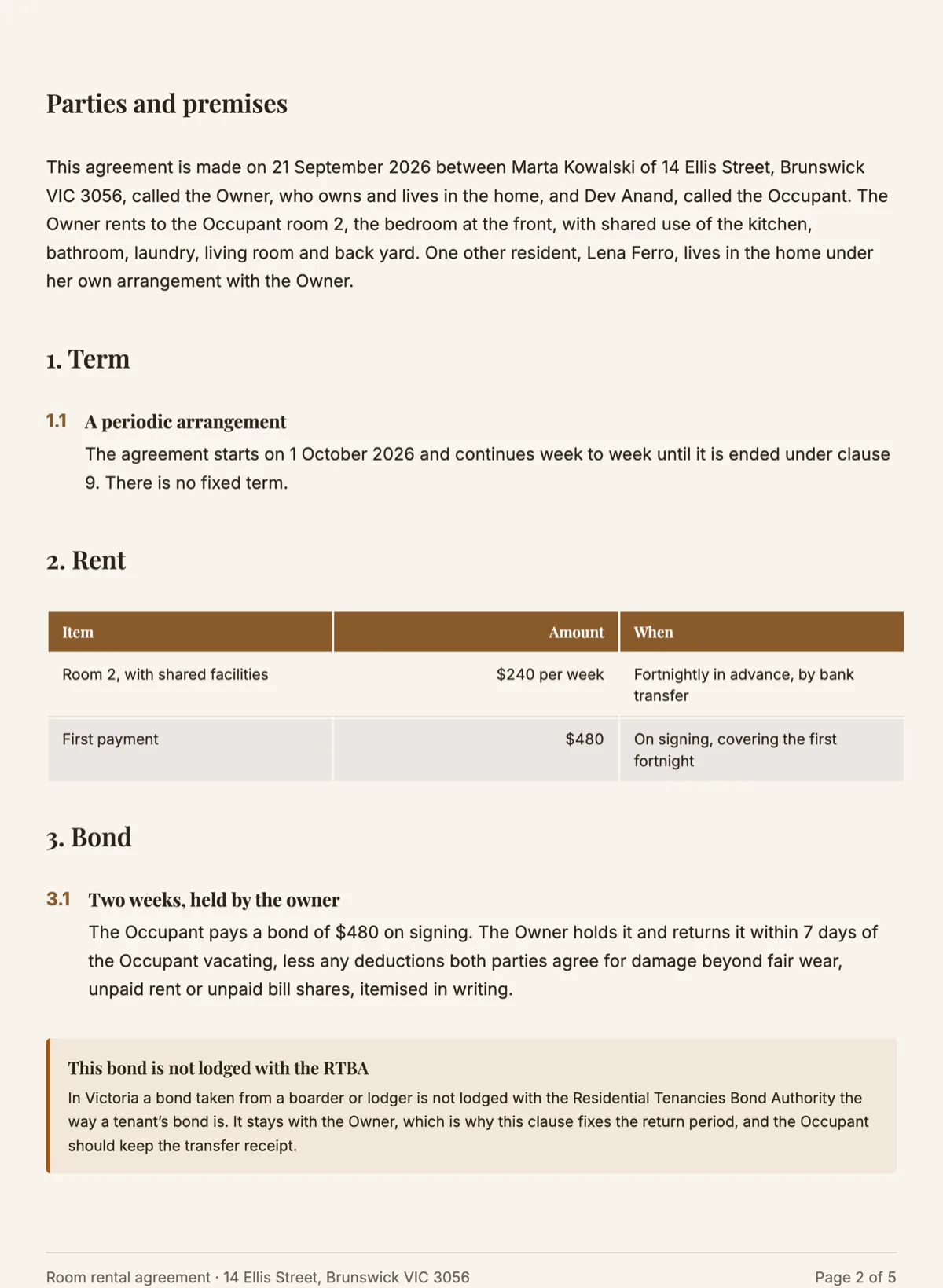 Room rental agreement template for one room in a shared home example