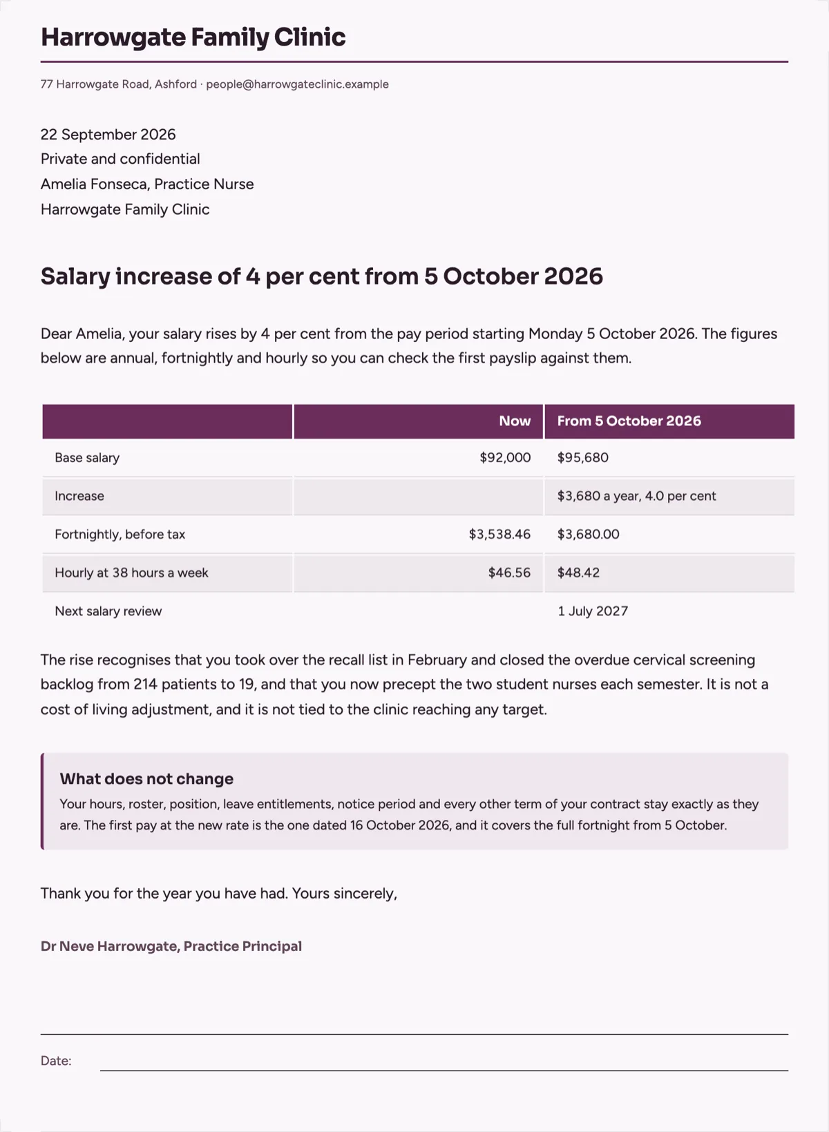 Salary increase letter template with old and new rate side by side example