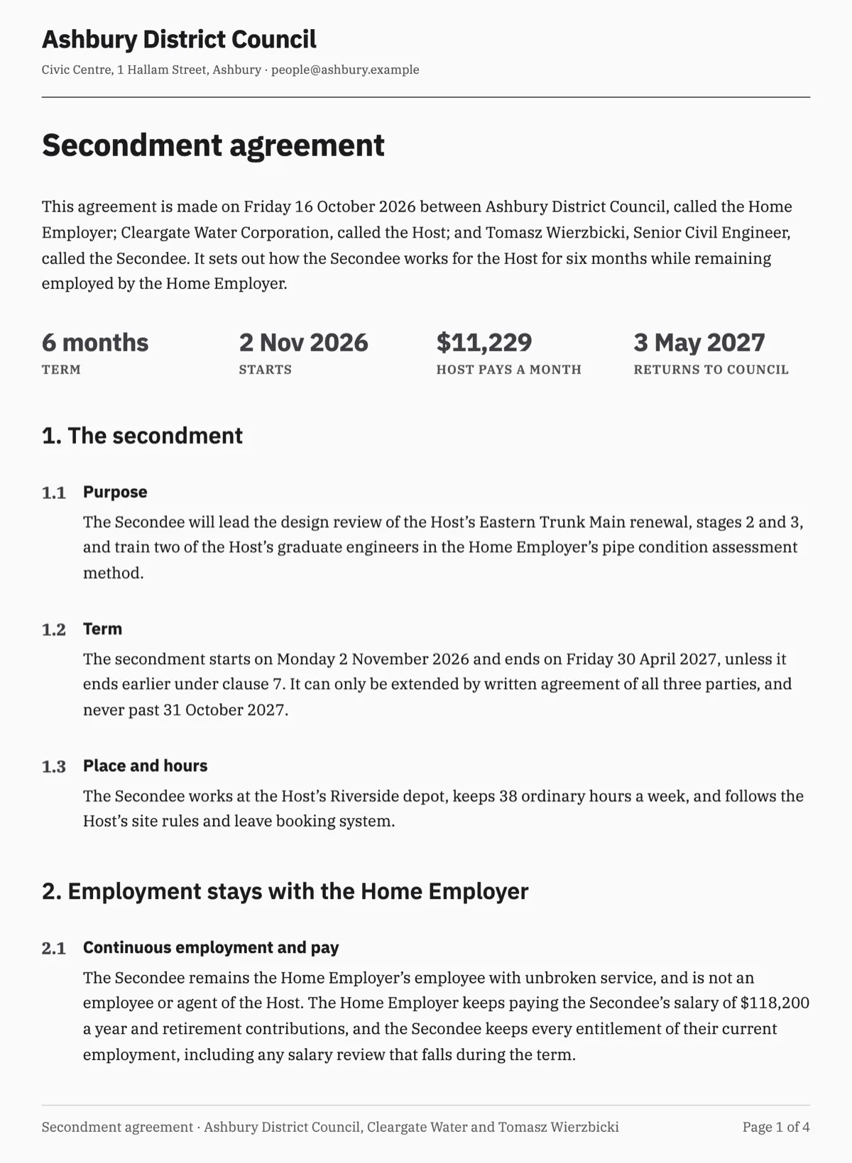 Secondment agreement template for a council engineer and a host utility example