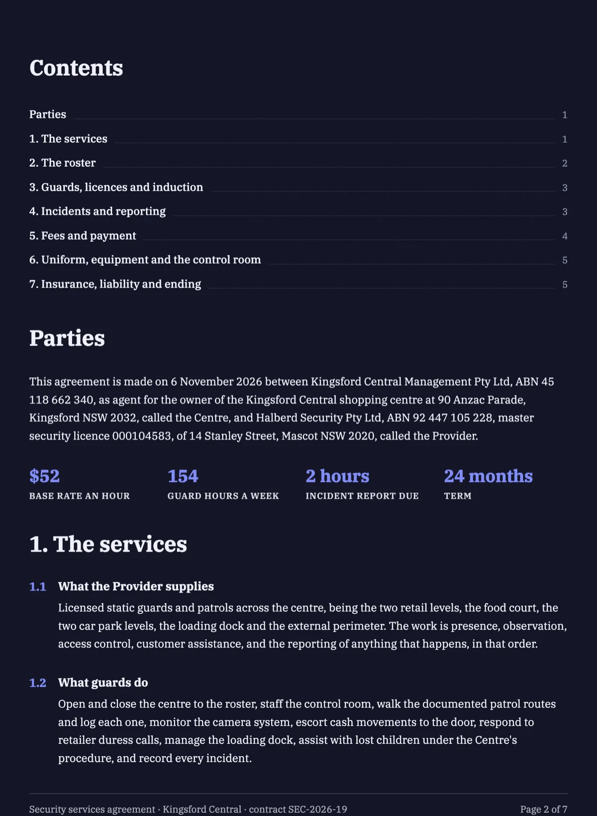 Security services agreement with a roster table and licence checks example