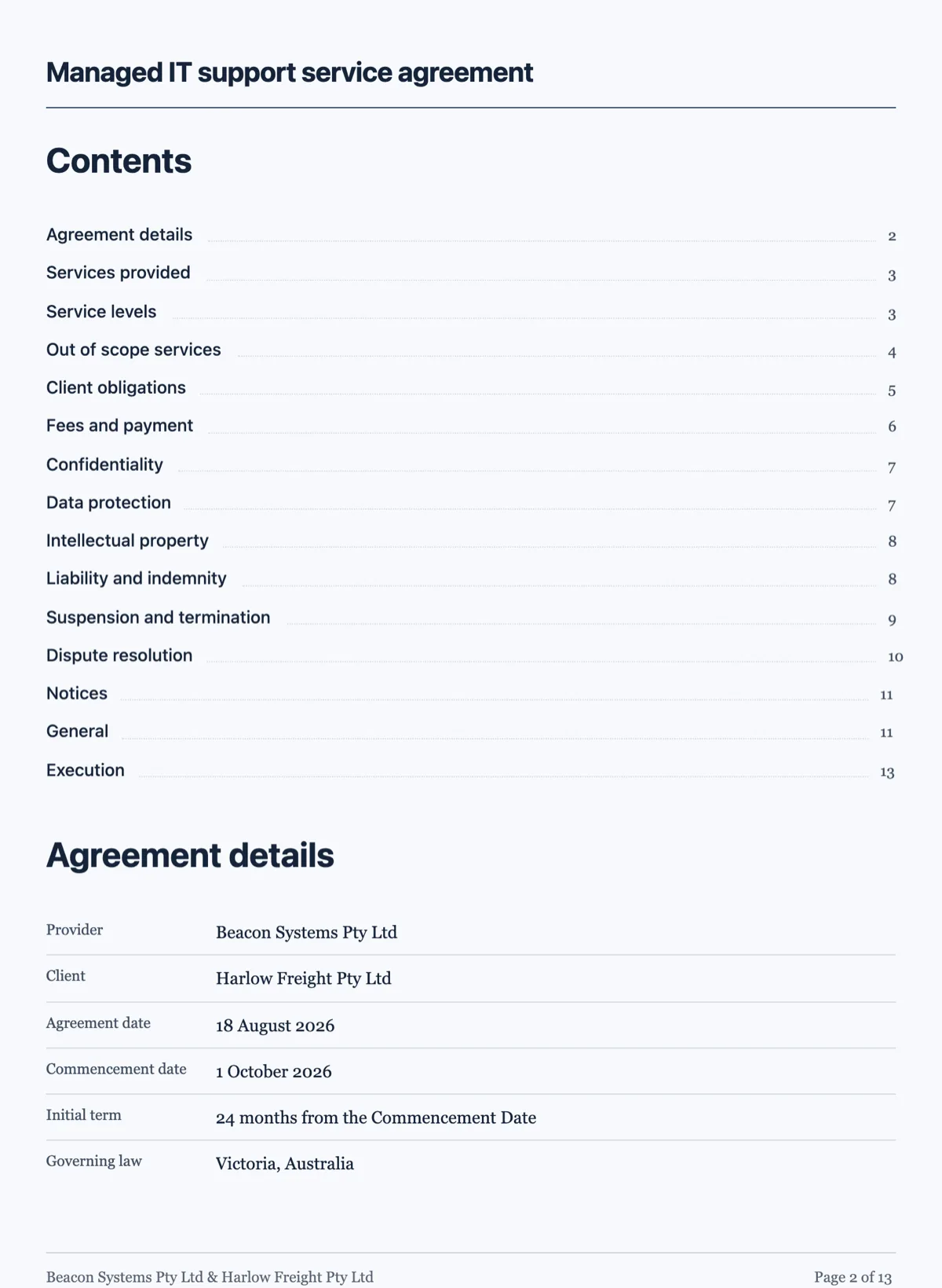 Service agreement template with scope, service levels and an exit example