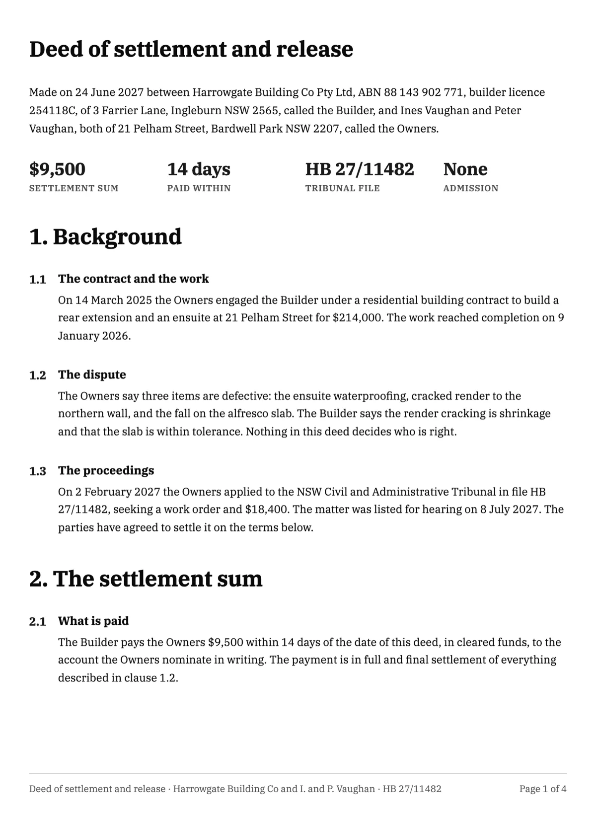 Settlement agreement template with a payment, a release and no admission example