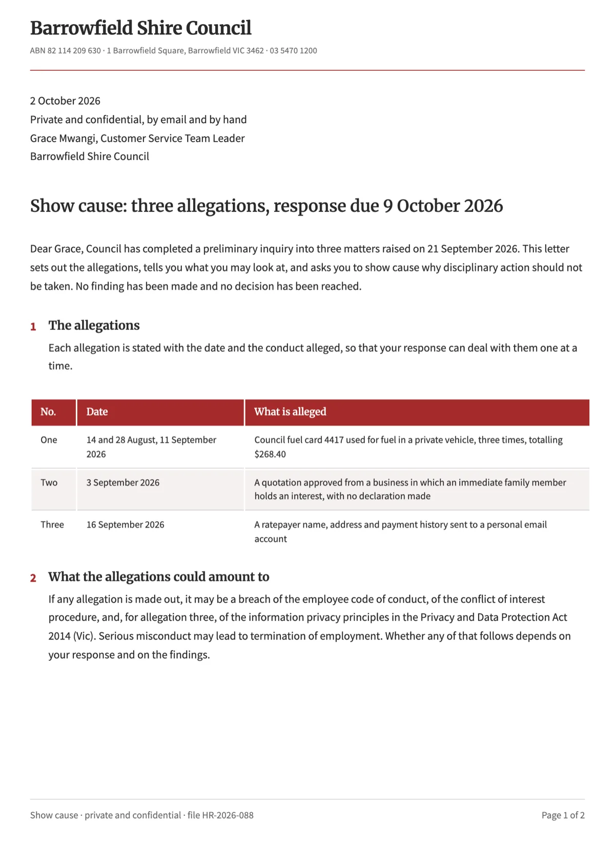 Show cause letter template with three dated allegations and a deadline example